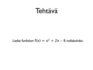 Tehtävä


Laske funktion f(x) = x2 + 2x – 8 nollakohdat.
 
