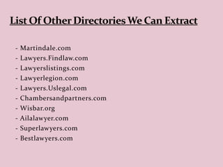 - Martindale.com
- Lawyers.Findlaw.com
- Lawyerslistings.com
- Lawyerlegion.com
- Lawyers.Uslegal.com
- Chambersandpartners.com
- Wisbar.org
- Ailalawyer.com
- Superlawyers.com
- Bestlawyers.com
 