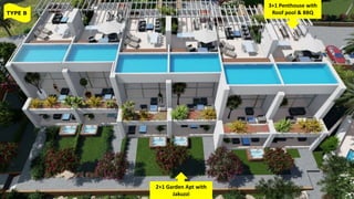 TYPE B
2+1 Garden Apt with
Jakuzzi
3+1 Penthouse with
Roof pool & BBQ
 