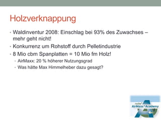 HolzverknappungWaldinventur 2008: Einschlag bei 93% des Zuwachses – mehr geht nicht!Konkurrenz um Rohstoff durch Pelletindustrie8 Mio cbm Spanplatten = 10 Miofm Holz!AirMaxx: 20 % höherer NutzungsgradWas hätte Max Himmelheber dazu gesagt?