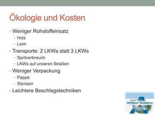 Ökologie und KostenWeniger RohstoffeinsatzHolzLeimTransporte: 2 LKWs statt 3 LKWsSpritverbrauchLKWs auf unseren StraßenWeniger VerpackungPappeStyroporLeichtere Beschlagstechniken