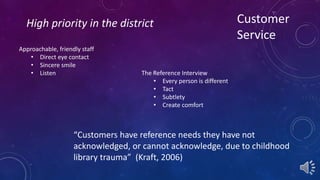 Customer 
Service 
High priority in the district 
Approachable, friendly staff 
• Direct eye contact 
• Sincere smile 
• Listen The Reference Interview 
• Every person is different 
• Tact 
• Subtlety 
• Create comfort 
“Customers have reference needs they have not 
acknowledged, or cannot acknowledge, due to childhood 
library trauma” (Kraft, 2006) 
 