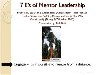 7 E’s of Mentor Leadership
  From NFL coach and author Tony Dungy’s book “The Mentor
     Leader: Secrets to Building People and Teams That Win
             Consistently (Dungy & Whitaker, 2010)
                   Presentation by: Rich Nolt




                               (Cheng, 2011)


Engage – It’s impossible to mentor from a distance.

                                                R. Nolt- Wilkes Univ. EDIM 510
 