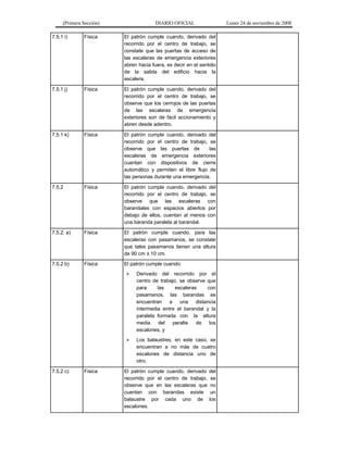 (Primera Sección)

DIARIO OFICIAL

Lunes 24 de noviembre de 2008

7.5.1 i)

Física

El patrón cumple cuando, derivado del
recorrido por el centro de trabajo, se
constate que las puertas de acceso de
las escaleras de emergencia exteriores
abren hacia fuera, es decir en el sentido
de la salida del edificio hacia la
escalera.

7.5.1 j)

Física

El patrón cumple cuando, derivado del
recorrido por el centro de trabajo, se
observe que los cerrojos de las puertas
de las escaleras de emergencia
exteriores son de fácil accionamiento y
abren desde adentro.

7.5.1 k)

Física

El patrón cumple cuando, derivado del
recorrido por el centro de trabajo, se
observe que las puertas de
las
escaleras de emergencia exteriores
cuentan con dispositivos de cierre
automático y permiten el libre flujo de
las personas durante una emergencia.

7.5.2

Física

El patrón cumple cuando, derivado del
recorrido por el centro de trabajo, se
observe que las escaleras con
barandales con espacios abiertos por
debajo de ellos, cuentan al menos con
una baranda paralela al barandal.

7.5.2. a)

Física

El patrón cumple cuando, para las
escaleras con pasamanos, se constate
que tales pasamanos tienen una altura
de 90 cm ± 10 cm.

7.5.2 b)

Física

El patrón cumple cuando:




7.5.2 c)

Física

Derivado del recorrido por el
centro de trabajo, se observe que
para
las
escaleras
con
pasamanos, las barandas se
encuentran a una distancia
intermedia entre el barandal y la
paralela formada con la altura
media
del
peralte
de los
escalones, y
Los balaustres, en este caso, se
encuentran a no más de cuatro
escalones de distancia uno de
otro.

El patrón cumple cuando, derivado
recorrido por el centro de trabajo,
observe que en las escaleras que
cuentan con barandas existe
balaustre por cada uno de
escalones.

del
se
no
un
los

 
