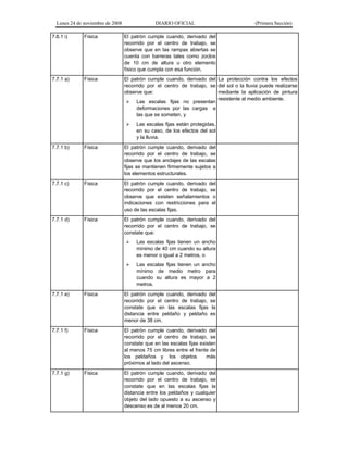 Lunes 24 de noviembre de 2008

DIARIO OFICIAL

(Primera Sección)

7.6.1 i)

Física

El patrón cumple cuando, derivado del
recorrido por el centro de trabajo, se
observe que en las rampas abiertas se
cuenta con barreras tales como zoclos
de 10 cm de altura u otro elemento
físico que cumpla con esa función.

7.7.1 a)

Física

El patrón cumple cuando, derivado del La protección contra los efectos
recorrido por el centro de trabajo, se del sol o la lluvia puede realizarse
observe que:
mediante la aplicación de pintura
resistente al medio ambiente.
 Las escalas fijas no presentan
deformaciones por las cargas a
las que se someten, y


Las escalas fijas están protegidas,
en su caso, de los efectos del sol
y la lluvia.

7.7.1 b)

Física

El patrón cumple cuando, derivado del
recorrido por el centro de trabajo, se
observe que los anclajes de las escalas
fijas se mantienen firmemente sujetos a
los elementos estructurales.

7.7.1 c)

Física

El patrón cumple cuando, derivado del
recorrido por el centro de trabajo, se
observe que existen señalamientos o
indicaciones con restricciones para el
uso de las escalas fijas.

7.7.1 d)

Física

El patrón cumple cuando, derivado del
recorrido por el centro de trabajo, se
constate que:


Las escalas fijas tienen un ancho
mínimo de 40 cm cuando su altura
es menor o igual a 2 metros, o



Las escalas fijas tienen un ancho
mínimo de medio metro para
cuando su altura es mayor a 2
metros.

7.7.1 e)

Física

El patrón cumple cuando, derivado del
recorrido por el centro de trabajo, se
constate que en las escalas fijas la
distancia entre peldaño y peldaño es
menor de 38 cm.

7.7.1 f)

Física

El patrón cumple cuando, derivado del
recorrido por el centro de trabajo, se
constate que en las escalas fijas existen
al menos 75 cm libres entre el frente de
los peldaños y los objetos
más
próximos al lado del ascenso.

7.7.1 g)

Física

El patrón cumple cuando, derivado del
recorrido por el centro de trabajo, se
constate que en las escalas fijas la
distancia entre los peldaños y cualquier
objeto del lado opuesto a su ascenso y
descenso es de al menos 20 cm.

 
