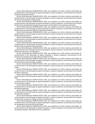 Norma Oficial Mexicana NOM-002-ECOL-1993, que establece los límites máximos permisibles de
contaminantes en las descargas de aguas residuales a cuerpos receptores, provenientes de la industria
productora de azúcar de caña.
    Norma Oficial Mexicana NOM-003-ECOL-1993, que establece los límites máximos permisibles de
contaminantes en las descargas de aguas residuales a cuerpos receptores, provenientes de la industria
de refinación de petróleo y petroquímica.
    Norma Oficial Mexicana NOM-004-ECOL-1993, que establece los límites máximos permisibles de
contaminantes en las descargas de aguas residuales a cuerpos receptores, provenientes de la industria
de fabricación de fertilizantes excepto la que produzca ácido fosfórico como producto intermedio.
    Norma Oficial Mexicana NOM-005-ECOL-1993, que establece los límites máximos permisibles de
contaminantes en las descargas de aguas residuales a cuerpos receptores, provenientes de la industria
de fabricación de productos plásticos y polímeros sintéticos.
    Norma Oficial Mexicana NOM-006-ECOL-1993, que establece los límites máximos permisibles de
contaminantes en las descargas de aguas residuales a cuerpos receptores, provenientes de la industria
de fabricación de harinas.
    Norma Oficial Mexicana NOM-007-ECOL-1993, que establece los límites máximos permisibles de
contaminantes en las descargas de aguas residuales a cuerpos receptores, provenientes de la industria
de la cerveza y de la malta.
    Norma Oficial Mexicana NOM-008-ECOL-1993, que establece los límites máximos permisibles de
contaminantes en las descargas de aguas residuales a cuerpos receptores, provenientes de la industria
de fabricación de asbestos de construcción.
    Norma Oficial Mexicana NOM-009-ECOL-1993, que establece los límites máximos permisibles de
contaminantes en las descargas de aguas residuales a cuerpos receptores, provenientes de la industria
elaboradora de leche y sus derivados.
    Norma Oficial Mexicana NOM-010-ECOL-1993, que establece los límites máximos permisibles de
contaminantes en las descargas de aguas residuales a cuerpos receptores, provenientes de las
industrias de manufactura de vidrio plano y de fibra de vidrio.
    Norma Oficial Mexicana NOM-011-ECOL-1993, que establece los límites máximos permisibles de
contaminantes en las descargas de aguas residuales a cuerpos receptores, provenientes de la industria
de productos de vidrio prensado y soplado.
    Norma Oficial Mexicana NOM-012-ECOL-1993, que establece los límites máximos permisibles de
contaminantes en las descargas de aguas residuales a cuerpos receptores, provenientes de la industria
hulera.
    Norma Oficial Mexicana NOM-013-ECOL-1993, que establece los límites máximos permisibles de
contaminantes en las descargas de aguas residuales a cuerpos receptores, provenientes de la industria
del hierro y del acero.
    Norma Oficial Mexicana NOM-014-ECOL-1993, que establece los límites máximos permisibles de
contaminantes en las descargas de aguas residuales a cuerpos receptores, provenientes de la industria
textil.
    Norma Oficial Mexicana NOM-015-ECOL-1993, que establece los límites máximos permisibles de
contaminantes en las descargas de aguas residuales a cuerpos receptores, provenientes de la industria
de la celulosa y el papel.
    Norma Oficial Mexicana NOM-016-ECOL-1993, que establece los límites máximos permisibles de
contaminantes en las descargas de aguas residuales a cuerpos receptores, provenientes de la industria
de bebidas gaseosas.
    Norma Oficial Mexicana NOM-017-ECOL-1993, que establece los límites máximos permisibles de
contaminantes en las descargas de aguas residuales a cuerpos receptores, provenientes de la industria
de acabados metálicos.
    Norma Oficial Mexicana NOM-018-ECOL-1993, que establece los límites máximos permisibles de
contaminantes en las descargas de aguas residuales a cuerpos receptores, provenientes de la industria
de laminación, extrusión y estiraje de cobre y sus aleaciones.
    Norma Oficial Mexicana NOM-019-ECOL-1993, que establece los límites máximos permisibles de
contaminantes en las descargas de aguas residuales a cuerpos receptores, provenientes de la industria
de impregnación de productos de aserradero.
    Norma Oficial Mexicana NOM-020-ECOL-1993, que establece los límites máximos permisibles de
contaminantes en las descargas de aguas residuales a cuerpos receptores, provenientes de la industria
de asbestos textiles, materiales de fricción y selladores.
 