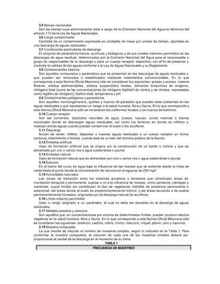 3.5 Bienes nacionales
    Son los bienes cuya administración está a cargo de la Comisión Nacional del Agua en términos del
artículo 113 de la Ley de Aguas Nacionales.
    3.6 Carga contaminante
    Cantidad de un contaminante expresada en unidades de masa por unidad de tiempo, aportada en
una descarga de aguas residuales.
    3.7 Condiciones particulares de descarga
    El conjunto de parámetros físicos, químicos y biológicos y de sus niveles máximos permitidos en las
descargas de agua residual, determinados por la Comisión Nacional del Agua para el responsable o
grupo de responsables de la descarga o para un cuerpo receptor específico, con el fin de preservar y
controlar la calidad de las aguas conforme a la Ley de Aguas Nacionales y su Reglamento.
    3.8 Contaminantes básicos
    Son aquellos compuestos y parámetros que se presentan en las descargas de aguas residuales y
que pueden ser removidos o estabilizados mediante tratamientos convencionales. En lo que
corresponde a esta Norma Oficial Mexicana sólo se consideran los siguientes: grasas y aceites, materia
flotante, sólidos sedimentables, sólidos suspendidos totales, demanda bioquímica de oxígeno5,
nitrógeno total (suma de las concentraciones de nitrógeno Kjeldahl de nitritos y de nitratos, expresadas
como mg/litro de nitrógeno), fósforo total, temperatura y pH.
    3.9 Contaminantes patógenos y parasitarios
    Son aquellos microorganismos, quistes y huevos de parásitos que pueden estar presentes en las
aguas residuales y que representan un riesgo a la salud humana, flora o fauna. En lo que corresponde a
esta Norma Oficial Mexicana sólo se consideran los coliformes fecales y los huevos de helminto.
    3.10 Cuerpo receptor
    Son las corrientes, depósitos naturales de agua, presas, cauces, zonas marinas o bienes
nacionales donde se descargan aguas residuales, así como los terrenos en donde se infiltran o
inyectan dichas aguas cuando puedan contam inar el suelo o los acuíferos.
    3.11 Descarga
    Acción de verter, infiltrar, depositar o inyectar aguas residuales a un cuerpo receptor en forma
continua, intermitente o fortuita, cuando éste es un bien del dominio público de la Nación.
    3.12 Embalse artificial
    Vaso de formación artificial que se origina por la construcción de un bordo o cortina y que es
alimentado por uno o varios ríos o agua subterránea o pluvial.
    3.13 Embalse natural
    Vaso de formación natural que es alimentado por uno o varios ríos o agua subterránea o pluvial.
    3.14 Estuario
    Es el tramo del curso de agua bajo la influencia de las mareas que se extiende desde la línea de
costa hasta el punto donde la concentración de cloruros en el agua es de 250 mg/l.
    3.15 Humedales naturales
    Las zonas de transición entre los sistemas acuáticos y terrestres que constituyen áreas de
inundación temporal o permanente, sujetas o no a la influencia de mareas, como pantanos, ciénegas y
marismas, cuyos límites los constituyen el tipo de vegetación hidrófila de presencia permanente o
estacional; las áreas donde el suelo es predominantemente hídrico; y las áreas lacustres o de suelos
permanentemente húmedos, originadas por la descarga natural de acuíferos.
    3.16 Límite máximo permisible
    Valor o rango asignado a un parámetro, el cual no debe ser excedido en la descarga de aguas
residuales.
    3.17 Metales pesados y cianuros
    Son aquéllos que, en concentraciones por encima de determinados límites, pueden producir efectos
negativos en la salud humana, flora o fauna. En lo que corresponde a esta Norma Oficial Mexicana sólo
se consideran los siguientes: arsénico, cadmio, cobre, cromo, mercurio, níquel, plomo, zinc y cianuros.
    3.18 Muestra compuesta
    La que resulta de mezclar el número de muestras simples, según lo indicado en la Tabla 1. Para
conformar la muestra compuesta, el volumen de cada una de las muestras simples deberá ser
proporcional al caudal de la descarga en el momento de su toma.
                                                  TABLA 1
                                          FRECUENCIA DE MUESTREO
 