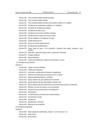 Lunes 13 de marzo de 2006                     DIARIO OFICIAL                                (Tercera Sección)   10


     Artículo 349   Tubo (conduit) metálico flexible tipo ligero
     Artículo 350   Tubo (conduit) metálico flexible
     Artículo 351   Tubo (conduit) flexible hermético a los líquidos metálico y no metálico
     Artículo 352   Canalizaciones superficiales metálicas y no metálicas
     Artículo 353   Ensamble de receptáculos múltiples
     Artículo 354   Canalizaciones bajo el piso
     Artículo 356   Canalizaciones en pisos metálicos celulares
     Artículo 358   Canalizaciones en pisos de concreto celular
     Artículo 362   Ductos metálicos y no metálicos con tapa
     Artículo 363   Cables planos tipo FC
     Artículo 364   Ductos con barras (electroductos)
     Artículo 365   Canalizaciones prealambradas
     Artículo 370   Cajas, cajas de paso y sus accesorios, utilizados para salida, empalme, unión
                    o jalado
     Artículo 373   Gabinetes, cajas para cortacircuitos y bases para medidores
     Artículo 374   Canales auxiliares
     Artículo 380   Desconectadores
     Artículo 384   Tableros de distribución y tableros de alumbrado y control
- 4.4: Equipos de Uso General
Capítulo 4
     Artículo 400   Cables y cordones flexibles
     Artículo 402   Cables para artefactos
     Artículo 410   Luminarios, portalámparas, lámparas y receptáculos
     Artículo 411   Sistemas de alumbrado que funcionan a 30 V o menos
     Artículo 422   Aparatos electrodomésticos y similares
     Artículo 424   Equipo eléctrico fijo para calefacción de ambiente
     Artículo 426   Equipo eléctrico fijo para descongelar y derretir nieve
     Artículo 427   Equipo eléctrico fijo para calentamiento de tuberías para líquidos y recipientes
     Artículo 430   Motores, circuitos de motores y sus controladores
     Artículo 440   Equipos de aire acondicionado y de refrigeración
     Artículo 445   Generadores
     Artículo 450   Transformadores y bóvedas para transformadores
     Artículo 455   Convertidores de fase
     Artículo 460   Capacitores
     Artículo 470   Resistencias y reactores
     Artículo 480   Baterías de acumuladores
4.5: Ambientes Especiales
Capítulo 5
     Artículo 500   Areas peligrosas (clasificadas), clases I, II y III, divisiones 1 y 2
     Artículo 501   Areas clase I
     Artículo 502   Areas clase II
 