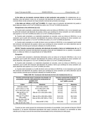 Lunes 13 de marzo de 2006                  DIARIO OFICIAL                       (Tercera Sección)     112


    b) No debe ser de tamaño nominal inferior al del conductor más grande. En instalaciones de c.c.
distintas a las del anterior inciso (a), el conductor del electrodo de puesta a tierra no debe ser de tamaño
nominal inferior al del conductor de mayor tamaño nominal del suministro de energía.
                                        2
     c) No debe ser inferior a 8,37 mm (8 AWG). En ningún caso el conductor del electrodo de puesta a
                                  2                             2
tierra debe ser inferior a 8,37 mm (8 AWG) de cobre o de 13,3 mm (6 AWG) de aluminio.
   Excepciones a los anteriores (a) a (c):
    a. Cuando esté conectado a electrodos fabricados como se indica en 250-83(c) o (d), no es necesario que
la parte del conductor del electrodo de puesta a tierra que constituya la única conexión con dicho electrodo
                       2                              2
sea superior a 13,3 mm (6 AWG) de cobre o 21,2 mm (4 AWG) de aluminio.
    b. Cuando esté conectado a un electrodo empotrado en concreto, como se indica en 250-81(c), no es
necesario que la parte del conductor del electrodo de puesta a tierra que constituya la única conexión con
                                      2                             2
dicho electrodo sea superior a 13,3 mm (6 AWG) de cobre o 21,2 mm (4 AWG) de aluminio.
    c. Cuando esté conectado a un anillo de tierra como se indica en 250-81(d), no es necesario que la parte
del conductor del electrodo de puesta a tierra que constituya la única conexión con dicho electrodo sea de
mayor tamaño nominal que el conductor utilizado en el anillo de tierra.
     250-94. Tamaño nominal del conductor del electrodo de puesta a tierra en instalaciones de c.a. El
tamaño nominal del conductor del electrodo de puesta a tierra de una instalación de c.a. puesta o no puesta a
tierra, no debe ser inferior a lo especificado en la Tabla 250-94.
   Excepción:
    a. Cuando esté conectado a electrodos fabricados como se indica en la Sección 250-83(c) o (d), no es
necesario que la parte del conductor del electrodo de puesta a tierra que constituye la única conexión con
                                       2                             2
dicho electrodo, sea superior a 13,3 mm (6 AWG) de cobre o 21,2 mm (4 AWG) de aluminio.
    b. Cuando esté conectado a un electrodo empotrado en concreto, como se indica en 250-81(c), no es
necesario que la parte del conductor del electrodo de puesta a tierra que constituye la única conexión con
                                      2
dicho electrodo sea superior a 21,2 mm (4 AWG) de cobre.
    c. Cuando esté conectado a un anillo de tierra como se indica en 250-81(d), no es necesario que la parte
del conductor del electrodo de puesta a tierra que constituye la única conexión con dicho electrodo sea de
mayor tamaño nominal que el conductor utilizado en el anillo de tierra.
                 TABLA 250- 94.- Conductor del electrodo de tierra de instalaciones de c.a.

    Tamaño nominal del mayor conductor de entrada a la              Tamaño nominal del conductor al
     acometida o sección equivalente de conductores en                electrodo de puesta a tierra
                                   2
                        paralelo mm                                           2
                                                                          mm (AWG o kcmil)
                       (AWG o kcmil)
          Cobre                       Aluminio                          Cobre               Aluminio
       33,6 (2) o menor             53,5 (1/0) o menor                 8,37 (8)              13,3 (6)
     42,4 o 53,5 (1 o 1/0)        67,4 o 85,0 (2/0 o 3/0)              13,3 (6)              21,2 (4)
    67,4 o 85,0 (2/0 o 3/0)          4/0 o 250 kcmil                   21,2 (4)              33,6 (2)
      Más de 85,0 a 177        Más de 127 a 253 (250 a 500)            33,6 (2)             53,5 (1/0)
          (3/0 a 350)
     Más de 177 a 304,0        Más de 253 a 456 (500 a 900)l          53,5 (1/0)            85,0 (3/0)
          (350 a 600)          Más de 456 a 887 (900 a 1750)          67,4 (2/0)            107 (4/0)
    Más de 304 a 557,38
         (600 a 1100)                Más de 887 (1750)                85,0 (3/0)            127 (250)
    Más de 557,38 (1100)


    Cuando se usen varios grupos de conductores de entrada a la acometida, como permite la Sección 230-40
Excepción 2, la sección transversal equivalente del mayor conductor de entrada a la acometida se debe
calcular por la mayor suma de las secciones transversales de los conductores de cada grupo.
 