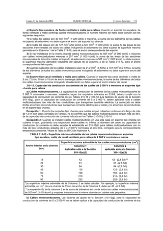 Lunes 13 de marzo de 2006                  DIARIO OFICIAL                        (Tercera Sección)   173


    a) Soporte tipo escalera, de fondo ventilado o malla para cables. Cuando un soporte tipo escalera, de
fondo ventilado o malla contenga cables monoconductores, el número máximo de éstos debe cumplir con los
siguientes requisitos:
                                          2
    1) Si todos los cables son de 507 mm (1 000 kcmil) o mayores, la suma de los diámetros de los cables
incluyendo el aislamiento no debe superar el ancho del soporte tipo charola.
                                          2                        2
    2) Si todos los cables son de 127 mm (250 kcmil) a 507 mm (1 000 kcmil), la suma de las áreas de las
secciones transversales de todos los cables incluyendo el aislamiento no debe superar la superficie máxima
permitida en la Columna 1 de la Tabla 318-10, para el ancho correspondiente del soporte.
                                                                                     2
    3) Si hay instalados en la misma charola cables monoconductores de 507 mm (1 000 kcmil) o mayores
                                                     2
con cables monoconductores menores a 507 mm (1 000 kcmil), la suma de las áreas de las secciones
                                                                                2
transversales de todos los cables incluyendo el aislamiento menores a 507 mm (1 000 kcmil) no debe superar
la superficie máxima admisible resultante del cálculo de la Columna 2 de la Tabla 318-10, para el ancho
correspondiente del soporte.
                                                                     2                     2
    4) Cuando cualquiera de los cables instalados sean de 21,2 mm (4 AWG) a 107 mm (4/0 AWG), la suma
de los diámetros de todos los cables monoconductores incluyendo el aislamiento no debe superar el ancho del
soporte.
    b) Soporte tipo canal ventilado o malla para cables. Cuando un soporte tipo canal ventilado o malla de
5 cm, 7,5 cm, 10 cm o 15 cm de ancho contenga cables monoconductores, la suma de los diámetros de todos
los cables monoconductores incluyendo el aislamiento no debe superar el ancho interior del canal.
    318-11. Capacidad de conducción de corriente de los cables de 2 000 V o menores en soportes tipo
charola para cables
    a) Cables multiconductores. La capacidad de conducción de corriente de los cables multiconductores de
2 000 V nominales o menores, instalados según los requisitos indicados en 318-9, deben cumplir con la
capacidad de conducción de corriente de las Tablas 310-16 y 310-18. Los factores de ajuste de la Sección
310-15(g), para la capacidad de conducción de corriente de 0 a 2 000 V, deben aplicarse sólo a cables
multiconductores con más de tres conductores que transporten corriente eléctrica. La corrección se debe
limitar al número de conductores que transportan corriente eléctrica en el cable y no al número de conductores
en el soporte tipo charola.
    Excepción 1: Cuando los soportes tipo charola para cables tengan cubiertas continuas a lo largo de más
de 1,8 m con tapas cerradas sin ventilar, no se permite que los cables multiconductores tengan más de 95%
de la capacidad de conducción de corriente indicada en las Tablas 310-16 y 310-18.
    Excepción 2: Cuando se instalen cables multiconductores en una sola capa en soporte tipo charola sin
cubierta o tapa, guardando una separación entre cables no inferior al diámetro del cable, su capacidad de
conducción de corriente no debe exceder la establecida en 310-15(b) para cables multiconductores con no
más de tres conductores aislados de 0 a 2 000 V nominales al aire libre, corregido para la correspondiente
temperatura ambiente. Véase la Tabla A-310-3 del Apéndice A.
      TABLA 318-10.- Superficie máxima admisible de los cables monoconductores en soportes
         tipo escalera, malla, de canal ventilado para cables de 2 000 V nominales o menos

                                   Superficie máxima admisible de los cables monoconductores (cm2)
   Ancho interior de la charola                Columna 1                        Columna 2
              (cm)                    Aplicable sólo a la Sección       aplicable sólo a la Sección
                                              318-10(a)(2)                     318-10(a)(3)


                15                                  42                             42 - (2,8 Sd) **
                23                                  61                              61 - (2,8 Sd)
                30                                  84                              84 - (2,8 Sd)
                45                                  125                            125 - (2,8 Sd)
                60                                  168                             168– (2,8 Sd)
                75                                  210                             210– (2,8 Sd)
                90                                  252                             252– (2,8 Sd)
  *La superficie máxima admisible de la Columna 2 se debe calcular. Por ejemplo, la superficie máxima
                  2
  admisible, en cm , de una charola de 15 cm de ancho de la Columna 2, debe ser 42 - (2,8 Sd)
  **La expresión Sd de la columna 2 es la suma de diámetros en cm de todos los cables monoconductores
  de 507mm2 (1 000 kcmil) y mayores instalados en la misma charola con cables más pequeños.

   b) Cables monoconductores. Los factores de ajuste de la Sección 310-15(g), para la capacidad de
conducción de corriente de 0 a 2 000 V, no se deben aplicar a la capacidad de conducción de corriente de los
 