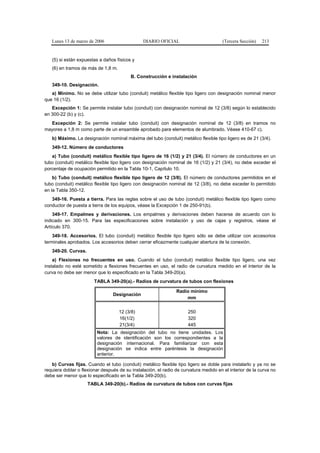 Lunes 13 de marzo de 2006                    DIARIO OFICIAL                         (Tercera Sección)   213


   (5) si están expuestas a daños físicos y
   (6) en tramos de más de 1,8 m.
                                          B. Construcción e instalación
   349-10. Designación.
   a) Mínimo. No se debe utilizar tubo (conduit) metálico flexible tipo ligero con designación nominal menor
que 16 (1/2).
   Excepción 1: Se permite instalar tubo (conduit) con designación nominal de 12 (3/8) según lo establecido
en 300-22 (b) y (c).
  Excepción 2: Se permite instalar tubo (conduit) con designación nominal de 12 (3/8) en tramos no
mayores a 1,8 m como parte de un ensamble aprobado para elementos de alumbrado. Véase 410-67 c).
   b) Máximo. La designación nominal máxima del tubo (conduit) metálico flexible tipo ligero es de 21 (3/4).
   349-12. Número de conductores
   a) Tubo (conduit) metálico flexible tipo ligero de 16 (1/2) y 21 (3/4). El número de conductores en un
tubo (conduit) metálico flexible tipo ligero con designación nominal de 16 (1/2) y 21 (3/4), no debe exceder el
porcentaje de ocupación permitido en la Tabla 10-1, Capítulo 10.
    b) Tubo (conduit) metálico flexible tipo ligero de 12 (3/8). El número de conductores permitidos en el
tubo (conduit) metálico flexible tipo ligero con designación nominal de 12 (3/8), no debe exceder lo permitido
en la Tabla 350-12.
   349-16. Puesta a tierra. Para las reglas sobre el uso de tubo (conduit) metálico flexible tipo ligero como
conductor de puesta a tierra de los equipos, véase la Excepción 1 de 250-91(b).
    349-17. Empalmes y derivaciones. Los empalmes y derivaciones deben hacerse de acuerdo con lo
indicado en 300-15. Para las especificaciones sobre instalación y uso de cajas y registros, véase el
Artículo 370.
    349-18. Accesorios. El tubo (conduit) metálico flexible tipo ligero sólo se debe utilizar con accesorios
terminales aprobados. Los accesorios deben cerrar eficazmente cualquier abertura de la conexión.
   349-20. Curvas.
    a) Flexiones no frecuentes en uso. Cuando el tubo (conduit) metálico flexible tipo ligero, una vez
instalado no esté sometido a flexiones frecuentes en uso, el radio de curvatura medido en el interior de la
curva no debe ser menor que lo especificado en la Tabla 349-20(a).
                        TABLA 349-20(a).- Radios de curvatura de tubos con flexiones

                                                                Radio mínimo
                                 Designación
                                                                    mm

                                    12 (3/8)                          250
                                    16(1/2)                           320
                                    21(3/4)                           445
                         Nota: La designación del tubo no tiene unidades. Los
                         valores de identificación son los correspondientes a la
                         designación internacional. Para familiarizar con esta
                         designación se indica entre paréntesis la designación
                         anterior.

   b) Curvas fijas. Cuando el tubo (conduit) metálico flexible tipo ligero se doble para instalarlo y ya no se
requiera doblar o flexionar después de su instalación, el radio de curvatura medido en el interior de la curva no
debe ser menor que lo especificado en la Tabla 349-20(b).
                     TABLA 349-20(b).- Radios de curvatura de tubos con curvas fijas
 