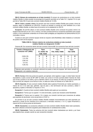 Lunes 13 de marzo de 2006                   DIARIO OFICIAL                         (Tercera Sección)       215


   350-12. Número de conductores en el tubo (conduit). El número de conductores en un tubo (conduit)
metálico flexible no debe exceder el porcentaje de ocupación permitido en la Tabla 10-1, Capítulo 10 o lo que
permite la Tabla 350-12 para tubo (conduit) metálico flexible de 12 (3/8).
   350-14. Unión y puesta a tierra. Se permite usar tubo (conduit) metálico flexible para puesta a tierra de
equipos, según lo establecido en 250-91(b). Cuando se necesite un puente de unión alrededor de un tubo
(conduit) metálico flexible, se debe hacer de acuerdo con lo establecido en 250-79.
    Excepción: Se permite utilizar un tubo (conduit) metálico flexible como conductor de puesta a tierra si la
longitud total del tramo es de 1,8 m o menos, si el tubo (conduit) termina en accesorios aprobados para puesta
a tierra y si los conductores contenidos en el mismo están protegidos por dispositivos de sobrecorriente de 20 A
nominales o menos.
   Cuando se usen para conectar equipos donde se requiere cierta flexibilidad, debe instalarse un conductor
de puesta a tierra de los equipos.
              TABLA 350-12.- Número máximo de conductores aislados en tubo (conduit)
                             metálico flexible con designación 12 (3/8) *
   Columna A: Con accesorios dentro del tubo (conduit) Columna B: Con accesorios fuera del tubo (conduit)

      Tamaño o Designación del                 Tipos                   Tipos                   Tipos
                    2
        conductor mm (AWG)                TF, XHHW, TW          TFN, THHN, THWN            FEP, FEPB
                                           THW, THHN
               0,824 (18)                  A           B           A           B           A           B
               1,31 (16)                   3           5           5           8           5              8
               2,08 (14)                   3           4           4           6           4              6
                3,3 (12)                   2           3           3           4           3              4
               5,26 (10)                   1           2           2           3           2              3
                                           1           1           1           1           1              2
   *Además está permitido un conductor adicional de puesta a tierra de equipos, del mismo tamaño o
   designación, con cubierta o desnudo.


   350-16. Curvas. Entre dos puntos de sujeción, por ejemplo, entre registros o cajas, no debe haber más del
equivalente a cuatro curvas de 90º (360º en total). Las curvas en el tubo (conduit) deben hacerse de modo
que el tubo (conduit) no se dañe y que su diámetro interno no se reduzca. El radio de curvatura al centro del
tubo (conduit) de cualquier curva hecha en obra, no debe ser inferior al indicado en la Tabla 346-10.
   350-18. Soportes. El tubo (conduit) metálico flexible debe sujetarse firmemente por medios aprobados, a
menos de 0,3 m de cada caja, gabinete, caja de paso u otra terminación del tubo (conduit) y deben ir
apoyados y sujetos a intervalos no mayores a 1,4 m.
   Excepción 1: Cuando el tubo (conduit) metálico flexible esté sujeto por sus extremos.
   Excepción 2: Tramos que no superen 1 m entre terminales, cuando sea necesaria cierta flexibilidad.
   Excepción 3: Tramos que no superen 1,8 m desde una conexión terminal para conexiones de salidas
para aparatos de alumbrado, como se permite en 410-67 c).
   Se permite el uso de tubo (conduit) metálico flexible instalado horizontalmente que esté soportado por
aberturas a través de los miembros de la estructura a intervalos menores a 1,4 m y sujeto firmemente a
menos de 30 cm de los puntos de terminación.
   350-20. Accesorios. Los accesorios utilizados con tubo (conduit) metálico flexible deben estar aprobados.
No deben utilizarse conectores angulares para instalaciones en canalizaciones ocultas.
   350-22. Desbastado. Todos los extremos del tubo (conduit) deben desbastarse por dentro y por fuera
para dejarlos lisos, excepto cuando se usen accesorios roscados.
 
