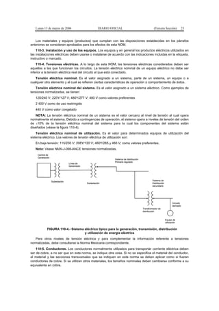 Lunes 13 de marzo de 2006                           DIARIO OFICIAL                              (Tercera Sección)           23


   Los materiales y equipos (productos) que cumplan con las disposiciones establecidas en los párrafos
anteriores se consideran aprobados para los efectos de esta NOM.
    110-3. Instalación y uso de los equipos. Los equipos y en general los productos eléctricos utilizados en
las instalaciones eléctricas deben usarse o instalarse de acuerdo con las indicaciones incluidas en la etiqueta,
instructivo o marcado.
    110-4. Tensiones eléctricas. A lo largo de esta NOM, las tensiones eléctricas consideradas deben ser
aquellas a las que funcionan los circuitos. La tensión eléctrica nominal de un equipo eléctrico no debe ser
inferior a la tensión eléctrica real del circuito al que está conectado.
   Tensión eléctrica nominal. Es el valor asignado a un sistema, parte de un sistema, un equipo o a
cualquier otro elemento y al cual se refieren ciertas características de operación o comportamiento de éstos.
   Tensión eléctrica nominal del sistema. Es el valor asignado a un sistema eléctrico. Como ejemplos de
tensiones normalizadas, se tienen:
   120/240 V; 220Y/127 V; 480Y/277 V; 480 V como valores preferentes
   2 400 V como de uso restringido
   440 V como valor congelado
    NOTA: La tensión eléctrica nominal de un sistema es el valor cercano al nivel de tensión al cual opera
normalmente el sistema. Debido a contingencias de operación, el sistema opera a niveles de tensión del orden
de ±10% de la tensión eléctrica nominal del sistema para la cual los componentes del sistema están
diseñados (véase la figura 110-4).
    Tensión eléctrica nominal de utilización. Es el valor para determinados equipos de utilización del
sistema eléctrico. Los valores de tensión eléctrica de utilización son:
   En baja tensión: 115/230 V; 208Y/120 V; 460Y/265 y 460 V; como valores preferentes.
   Nota: Véase NMX-J-098-ANCE tensiones normalizadas.
     Central de
     Generación
                                                                Sistema de distribución
                                                                Primario regulado
                                Línea de
                                transmisión




                  Subestación                                                                     Sistema de
                                              Subestación                                         Distribución
                                                                                                  secundario




                                                                                                                        Circuito
                                                                                                                        derivado
                                                                                          Transformador de
                                                                                          distribución


                                                                                                                 Equipo de
                                                                                                                 utilización


             FIGURA 110-4.- Sistema eléctrico típico para la generación, transmisión, distribución
                                    y utilización de energía eléctrica
   Para otros niveles de tensión eléctrica y para complementar la información referente a tensiones
normalizadas, debe consultarse la Norma Mexicana correspondiente.
    110-5. Conductores. Los conductores normalmente utilizados para transportar corriente eléctrica deben
ser de cobre, a no ser que en esta norma, se indique otra cosa. Si no se especifica el material del conductor,
el material y las secciones transversales que se indiquen en esta norma se deben aplicar como si fueran
conductores de cobre. Si se utilizan otros materiales, los tamaños nominales deben cambiarse conforme a su
equivalente en cobre.
 