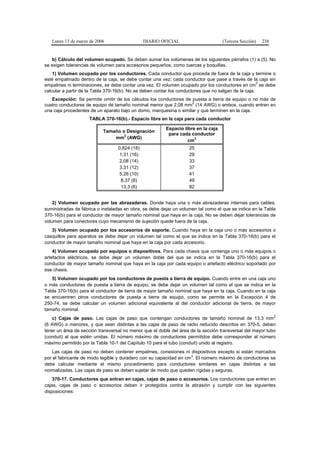 Lunes 13 de marzo de 2006                   DIARIO OFICIAL                       (Tercera Sección)   238


   b) Cálculo del volumen ocupado. Se deben sumar los volúmenes de los siguientes párrafos (1) a (5). No
se exigen tolerancias de volumen para accesorios pequeños, como tuercas y boquillas.
    1) Volumen ocupado por los conductores. Cada conductor que proceda de fuera de la caja y termine o
esté empalmado dentro de la caja, se debe contar una vez; cada conductor que pase a través de la caja sin
                                                                                                      3
empalmes ni terminaciones, se debe contar una vez. El volumen ocupado por los conductores en cm se debe
calcular a partir de la Tabla 370-16(b). No se deben contar los conductores que no salgan de la caja.
   Excepción: Se permite omitir de los cálculos los conductores de puesta a tierra de equipo o no más de
                                                                   2
cuatro conductores de equipo de tamaño nominal menor que 2,08 mm (14 AWG) o ambos, cuando entren en
una caja procedentes de un aparato bajo un domo, marquesina o similar y que terminen en la caja.
                     TABLA 370-16(b).- Espacio libre en la caja para cada conductor

                                                         Espacio libre en la caja
                           Tamaño o Designación
                                   2                      para cada conductor
                               mm (AWG)                               3
                                                                   cm
                                  0,824 (18)                        25
                                   1,31 (16)                        29
                                   2,08 (14)                        33
                                   3,31 (12)                        37
                                   5,26 (10)                        41
                                    8,37 (8)                        49
                                    13,3 (6)                        82


    2) Volumen ocupado por las abrazaderas. Donde haya una o más abrazaderas internas para cables,
suministradas de fábrica o instaladas en obra, se debe dejar un volumen tal como el que se indica en la Tabla
370-16(b) para el conductor de mayor tamaño nominal que haya en la caja. No se deben dejar tolerancias de
volumen para conectores cuyo mecanismo de sujeción quede fuera de la caja.
   3) Volumen ocupado por los accesorios de soporte. Cuando haya en la caja uno o más accesorios o
casquillos para aparatos se debe dejar un volumen tal como el que se indica en la Tabla 370-16(b) para el
conductor de mayor tamaño nominal que haya en la caja por cada accesorio.
    4) Volumen ocupado por equipos o dispositivos. Para cada chasis que contenga uno o más equipos o
artefactos eléctricos, se debe dejar un volumen doble del que se indica en la Tabla 370-16(b) para el
conductor de mayor tamaño nominal que haya en la caja por cada equipo o artefacto eléctrico soportado por
ese chasis.
   5) Volumen ocupado por los conductores de puesta a tierra de equipo. Cuando entre en una caja uno
o más conductores de puesta a tierra de equipo, se debe dejar un volumen tal como el que se indica en la
Tabla 370-16(b) para el conductor de tierra de mayor tamaño nominal que haya en la caja. Cuando en la caja
se encuentren otros conductores de puesta a tierra de equipo, como se permite en la Excepción 4 de
250-74, se debe calcular un volumen adicional equivalente al del conductor adicional de tierra, de mayor
tamaño nominal.
                                                                                                              2
   c) Cajas de paso. Las cajas de paso que contengan conductores de tamaño nominal de 13,3 mm
(6 AWG) o menores, y que sean distintas a las cajas de paso de radio reducido descritos en 370-5, deben
tener un área de sección transversal no menor que el doble del área de la sección transversal del mayor tubo
(conduit) al que estén unidas. El número máximo de conductores permitidos debe corresponder al número
máximo permitido por la Tabla 10-1 del Capítulo 10 para el tubo (conduit) unido al registro.
   Las cajas de paso no deben contener empalmes, conexiones ni dispositivos excepto si están marcados
                                                                   3
por el fabricante de modo legible y duradero con su capacidad en cm . El número máximo de conductores se
debe calcular mediante el mismo procedimiento para conductores similares en cajas distintas a las
normalizadas. Las cajas de paso se deben sujetar de modo que queden rígidas y seguras.
    370-17. Conductores que entran en cajas, cajas de paso o accesorios. Los conductores que entren en
cajas, cajas de paso o accesorios deben ir protegidos contra la abrasión y cumplir con las siguientes
disposiciones:
 
