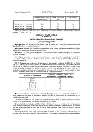 Lunes 13 de marzo de 2006                   DIARIO OFICIAL                          (Tercera Sección)   259



                                     están montadas en la       cuando están al aire         vivas y tierra*
                                       misma superficie                libre


   No más de 127 V nominales                  2,0                        1,5                       1,5
   No más de 250 V nominales                  3,5                        2,0                       1,5
   No más de 600 V nominales                  5,5                        2,5                       2,5
   * Para la separación entre partes vivas (portadoras de corriente eléctrica) y puertas de los gabinetes,
véase 373-11(a) (1), (2) y (3).
                                      4.4 EQUIPOS DE USO GENERAL
                                               CAPITULO 4
                            ARTICULO 400-CABLES Y CORDONES FLEXIBLES
                                         A. Disposiciones generales
   400-1. Alcance. Este artículo cubre las disposiciones generales, usos y especificaciones de construcción
de cables flexibles y de cordones flexibles.
    400-2. Otros Artículos. Los cables y cordones flexibles deben cumplir lo establecido en este artículo y las
disposiciones aplicables de los demás de esta Norma.
   400-3. Uso. Los cables y cordones flexibles y sus accesorios deben ser adecuados para las condiciones
de uso e instalación.
    400-4. Tipos. Los cables y cordones flexibles deben estar de acuerdo con la descripción de la Tabla 400-4.
Los tipos de cables y cordones flexibles que no aparezcan indicados en esa Tabla, deben someterse a
investigación especial.
   400-5. Capacidad de conducción de corriente de los cables y cordones flexibles. En las Tablas
400-5(a) y 400-5(b) se indica la capacidad de conducción de corriente de los cables y de cordones flexibles
con no más de tres conductores portadores de corriente. Estas tablas se deben utilizar junto con las normas
de los productos, para elegir los cables de tamaño nominal y tipo adecuados. Si hubiera más de tres
conductores portadores de corriente, la capacidad de conducción de corriente de cada conductor se debe
reducir a partir de la de los cables de tres conductores, en la siguiente proporción:

                                                          Por ciento que se debe aplicar a los
                   Cantidad de conductores
                                                        valores de las Tablas 400-5(a) y 400-5(b)
                           De 4 a 6                                            80
                           De 7 a 9                                            70
                          De 10 a 20                                           50
                          De 21 a 30                                           45
                          De 31 a 40                                           40
                       De 41 en adelante                                       35


   Temperatura máxima admisible del aislamiento. En ningún caso deben agruparse los conductores de
modo que excedan sus límites de temperatura, teniendo en cuenta el tipo de circuito, el tipo de instalación o la
cantidad de conductores.
    Un conductor neutro que sólo conduzca la corriente de desequilibrio de otros conductores del mismo
circuito, no se considera como conductor activo o portador de corriente.
    En un circuito de tres hilos con dos hilos de fase y el neutro así como en un sistema de tres fases cuatro
hilos, conectado en estrella, el conductor común conduce aproximadamente la misma intensidad de corriente
que los otros conductores de fase, por lo que se debe considerar como conductor activo o portador
de corriente.
    En un circuito de tres fases cuatro hilos conectados en estrella, en el que la mayor parte de la carga sea
no lineal, como lámparas de descarga, equipo electrónico y equipo de procesamiento de datos o similares, en
 