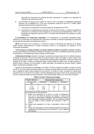 Lunes 13 de marzo de 2006                  DIARIO OFICIAL                           (Tercera Sección)   26


             capacidad de conducción de corriente de tales conductores no exceda de la capacidad de
             conducción de corriente para 75ºC.
   b.   Las terminales de equipo para circuitos de más de 100 A nominales o identificadas (aprobadas
                                                                                   2
        conforme con lo establecido en 110-2) para conductores mayores de 42,4 mm (1 AWG), deben
        utilizarse solamente para los siguientes casos:
        1.   Conductores con temperatura nominal de operación del aislamiento de 75ºC.
        2.   Conductores con temperatura de operación nominal de 75ºC, siempre y cuando la capacidad de
             conducción de corriente de tales conductores no exceda de la correspondiente a 75ºC o con
             temperatura de operación mayor que 75ºC, si el equipo está identificado para utilizarse con tales
             conductores.
     2) Conectadores de compresión separables. Los conectadores de compresión separables deben
utilizarse con conductores cuya capacidad de conducción de corriente no exceda la capacidad de conducción
de corriente del conectador a la temperatura nominal.
   NOTA: De acuerdo con lo indicado en 110-14(c)(1) y (c)(2), la información que aparezca en el equipo
puede restringir adicionalmente la sección transversal nominal y la temperatura de operación de los
conductores conectados.
    110-16. Espacio de trabajo alrededor de equipo eléctrico (de 600 V nominales o menos). Alrededor
de todo equipo eléctrico debe existir y mantenerse un espacio de acceso y de trabajo suficiente que permita el
funcionamiento y el mantenimiento rápido y seguro de dicho equipo.
    a) Distancias de trabajo. Excepto si se exige o se permite otra cosa en esta norma, la medida del espacio
de trabajo en dirección al acceso a las partes vivas que funcionen a 600 V nominales o menos a tierra y que
puedan requerir examen, ajuste, servicio o mantenimiento mientras estén energizadas no debe ser inferior a la
indicada en la Tabla 110-16(a). Las distancias deben medirse desde las partes vivas, si están expuestas o
desde el frente o abertura de la envolvente, si están encerradas. Las paredes de concreto, ladrillo o azulejo
deben considerarse conectadas a tierra.
    Además de las dimensiones expresadas en la Tabla 110-16(a), el espacio de trabajo no debe ser menor
que 80 cm de ancho delante del equipo eléctrico. El espacio de trabajo debe estar libre y extenderse desde el
piso o plataforma hasta la altura exigida por esta Sección. En todos los casos, el espacio de trabajo debe
permitir abrir por lo menos 90° las puertas o paneles abisagrados del equipo. Dentro de los requisitos de esta
Sección, se permite equipo que tenga distancias, como la profundidad, iguales a los de la altura requerida.
                                 TABLA 110-16(a).- Distancias de trabajo

                    Tensión eléctrica             Distancia libre mínima (m)
                     nominal a tierra     Condición 1    Condición 2     Condición 3
                          (V)

                          0-150                0,90            0,90             0,90
                         151-600               0,90            1,1              1,20

                    Las condiciones son las siguientes:
                     1. Partes vivas expuestas en un lado y no vivas ni conectadas a
                        tierra en el otro lado del espacio de trabajo, o partes vivas
                        expuestas a ambos lados protegidas eficazmente por madera u
                        otros materiales aislantes adecuados. No se consideran partes
                        vivas los cables o barras aislados que funcionen a 300 V o
                        menos.
                     2. Partes vivas expuestas a un lado y conectadas a tierra al otro
                        lado.
                     3. Partes vivas expuestas en ambos lados del espacio de trabajo (no
                        protegidas como está previsto en la Condición 1), con el operador
                        entre ambas.
 
