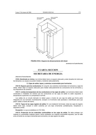 Lunes 13 de marzo de 2006                                DIARIO OFICIAL                                            273


                                              30 cm o el ancho              30 cm o el ancho
                                              del anaquel                   del anaquel




                                                                       cm
                                                                  30




                                      1,8 m




                                                60
                                                     cm




                                                                 60
                                                                      cm


                                   FIGURA 410-8.- Espacio de almacenamiento del clóset
                                                                                               (Continúa en la Cuarta Sección)




                                                CUARTA SECCION
                                      SECRETARIA DE ENERGIA
   (Viene de la Tercera Sección)

    410-9. Alumbrado en nichos. Los nichos deben tener un espacio adecuado y estar situados de modo que
las lámparas y su equipo se puedan instalar y mantener adecuadamente.
                        C. Cajas de salida, tapas y cubiertas ornamentales para luminarios
    410-10. Espacio para los conductores. En conjunto, las cubiertas ornamentales de luminarios y cajas de
salida, deben dejar un espacio adecuado para instalar adecuadamente los conductores de los luminarios y
sus dispositivos de conexión.
   410-11. Límites de temperatura de los conductores en las cajas de salida. Los luminarios deben estar
construidos e instalados de manera que los conductores en las cajas de salida no estén expuestos a
temperaturas superiores a su temperatura nominal.
    Los cables de un circuito derivado no deben pasar a través de una caja de salida que forme parte
integrante de una luminario incandescente, excepto si el luminario está aprobado e identificado para que
pasen cables a través del mismo.
    410-12. Tapas de las cajas registro de salida. En una instalación terminada, todas las cajas de registro
deben tener tapa, excepto si están cubiertas por una tapa ornamental, portalámparas, receptáculo o
dispositivo similar.
   Excepción: Lo que se establece en 410-14(b).
    410-13. Protección de los materiales combustibles en las cajas de salida. Se debe proteger con
material no combustible cualquier pared o techo acabados con material combustible expuesto, que se halle
entre el borde de una tapa ornamental para luminarios y la caja registro de salida.
 