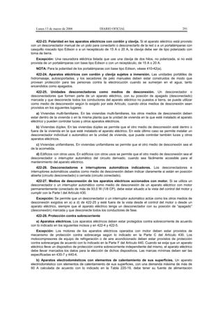 Lunes 13 de marzo de 2006                   DIARIO OFICIAL                                            291


   422-23. Polaridad en los aparatos eléctricos con cordón y clavija. Si el aparato eléctrico está provisto
con un desconectador manual de un polo para conectarlo o desconectarlo de la red o a un portalámparas con
casquillo roscado tipo Edison o a un receptáculo de 15 A o 20 A, la clavija debe ser de tipo polarizado con
toma de tierra.
   Excepción: Una rasuradora eléctrica listada que use una clavija de dos hilos, no polarizada, si no está
provista de un portalámparas con base tipo Edison o con un receptáculo, de 15 A o 20 A.
   NOTA: Para la polaridad de los portalámparas con base tipo Edison, véase 410-42(a).
    422-24. Aparatos eléctricos con cordón y clavija sujetos a inmersión. Las unidades portátiles de
hidromasaje, autosoportadas, y los secadores de pelo manuales deben estar construidos de modo que
provean protección para las personas contra la electrocución cuando se sumerjan en el agua, tanto
encendidos como apagados.
   422-25. Unidades desconectadoras como medios de desconexión. Un desconectador o
desconectadores que formen parte de un aparato eléctrico, con su posición de apagado (desconectado)
marcada y que desconecte todos los conductores del aparato eléctrico no puestos a tierra, se puede utilizar
como medio de desconexión según lo exigido por este Artículo, cuando otros medios de desconexión sean
provistos en los siguientes lugares:
    a) Viviendas multi-familiares. En las viviendas multi-familiares, los otros medios de desconexión deben
estar dentro de la vivienda o en la misma planta que la unidad de vivienda en la que esté instalado el aparato
eléctrico y pueden controlar luces y otros aparatos eléctricos.
    b) Viviendas dúplex. En las viviendas dúplex se permite que el otro medio de desconexión esté dentro o
fuera de la vivienda en la que esté instalado el aparato eléctrico. En este último caso se permite instalar un
desconectador individual o automático en la unidad de vivienda, que puede controlar también luces y otros
aparatos eléctricos.
    c) Viviendas unifamiliares. En viviendas unifamiliares se permite que el otro medio de desconexión sea el
de la acometida.
   d) Edificios con otros usos. En edificios con otros usos se permite que el otro medio de desconexión sea el
desconectador o interruptor automático del circuito derivado, cuando sea fácilmente accesible para el
mantenimiento del aparato eléctrico.
    422-26. Desconectadores e interruptores automáticos indicadores. Los desconectadores e
interruptores automáticos usados como medio de desconexión deben indicar claramente si están en posición
abierta (circuito desconectado) o cerrada (circuito conectado).
   422-27. Medios de desconexión de los aparatos eléctricos accionados con motor. Si se utiliza un
desconectador o un interruptor automático como medio de desconexión de un aparato eléctrico con motor
permanentemente conectado de más de 93,0 W (1/8 CP), debe estar situado a la vista del control del motor y
cumplir con la Parte I del Artículo 430.
   Excepción: Se permite que un desconectador o un interruptor automático actúe como los otros medios de
desconexión exigidos en a) a d) de 422-25 y esté fuera de la vista desde el control del motor o desde un
aparato eléctrico, siempre que el aparato eléctrico tenga un desconectador con su posición de “apagado”
(desconexión) marcada y que desconecte todos los conductores de fase.
   422-28. Protección contra sobrecorriente
   a) Aparatos eléctricos. Los aparatos eléctricos deben estar protegidos contra sobrecorriente de acuerdo
con lo indicado en los siguientes incisos y en 422-4 y 422-5.
    Excepción: Los motores de los aparatos eléctricos operados con motor deben estar provistos de
mecanismo de protección contra sobrecarga según lo indicado en la Parte C del Artículo 430. Los
motocompresores de equipo de refrigeración o de aire acondicionado deben estar provistos de protección
contra sobrecargas de acuerdo con lo indicado en la Parte F del Artículo 440. Cuando se exija que un aparato
eléctrico lleve un dispositivo de protección contra sobrecorriente independiente del mismo, el aparato eléctrico
debe llevar marcados los datos para la elección de dichos dispositivos. Las marcas mínimas deben ser las
especificadas en 430-7 y 440-4.
    b) Aparatos electrodomésticos con elementos de calentamiento de sus superficies. Un aparato
electrodoméstico con elementos de calentamiento de sus superficies, con una demanda máxima de más de
60 A calculada de acuerdo con lo indicado en la Tabla 220-19, debe tener su fuente de alimentación
 