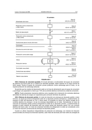 Lunes 13 de marzo de 2006                    DIARIO OFICIAL                                         314



                                                       Al suministro
                                                                                             Parte B
     Aliment ador del motor                                                        430-24 al 430-26


     Prot ección cont ra cort acircuit o                                                       Parte E
     y f alla a t ierra                                                             430-61 al 430-63

                                                                                              Parte I
    Medio de desconexión                                                          430-101 al 430-113


     Protección contra cortacircuit o                                                          Parte D
     y f alla a tierra                                                              430-51 al 430-58

                                                                                              Parte B
     Conductores para el circuit o del mot or                                       430-21 al 430-29

     Cont rolador                                                                             Part e G
                                                                                    430-81 al 430-91
                                                                                              Part e F
     Circuit os de cont rol del motor
                                                                                    430-71 al 430-41

                                                                                              Part e C
     Protección contra sobre carga                                                  430-31 al 430-44


                                                                                              Parte A
      Motor                                                                          430-1 al 430-18

                                                                                              Parte C
     Protección térmica
                                                                                    430-31 al 430-44


     Cont rolador secundario
                                                                                               Parte B
                                                                                               430-23
     Conduct ores secundarios


                                                                                              Part e B
     Resist or secundarios                                                              430-23 y 470

                                                FIGURA 430-1
    430-2. Sistemas de velocidad ajustable. El circuito derivado o el alimentador del equipo de conversión
de potencia que forma parte de un sistema de velocidad ajustable, deben basarse en la carga nominal de
dicho equipo. Donde el equipo de conversión provea protección contra sobrecarga para el motor, no se
requiere protección de sobrecarga adicional.
   Se permite que los medios de desconexión estén en la línea de alimentación para el equipo de conversión
y que tengan una capacidad no menor que 115% de la corriente eléctrica nominal de la unidad de conversión.
   NOTA: Puede presentarse resonancia eléctrica como resultado de la interacción de corrientes eléctricas
senoidales de este tipo de cargas con capacitores para corrección del factor de potencia.
    430-3. Motores de devanado partido. Un motor de inducción con arranque por devanado partido o motor
síncrono, es aquel que arranca energizando parte de su devanado primario (armadura) y, posteriormente, se
energiza el resto del devanado en uno o varios pasos. El propósito es reducir los valores iniciales de la
corriente eléctrica de arranque o el par de arranque desarrollado por el motor. Normalmente el motor de
inducción de devanado partido arranca energizando la mitad de su devanado primario, y posteriormente se
energiza la parte restante del devanado para que ambas partes del devanado operen con una corriente
eléctrica del mismo valor. Un motor de compresor hermético de refrigeración no debe ser considerado como
un motor de inducción convencional de arranque de devanado partido.
   Cuando se utilicen dispositivos independientes de protección de sobrecarga, con motores de inducción
convencionales de arranque de devanado bipartido, cada mitad del devanado del motor debe ser protegida de
 