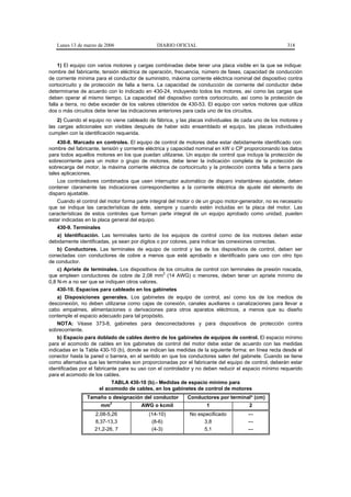 Lunes 13 de marzo de 2006                   DIARIO OFICIAL                                           318


     1) El equipo con varios motores y cargas combinadas debe tener una placa visible en la que se indique:
nombre del fabricante, tensión eléctrica de operación, frecuencia, número de fases, capacidad de conducción
de corriente mínima para el conductor de suministro, máxima corriente eléctrica nominal del dispositivo contra
cortocircuito y de protección de falla a tierra. La capacidad de conducción de corriente del conductor debe
determinarse de acuerdo con lo indicado en 430-24, incluyendo todos los motores, así como las cargas que
deben operar al mismo tiempo. La capacidad del dispositivo contra cortocircuito, así como la protección de
falla a tierra, no debe exceder de los valores obtenidos de 430-53. El equipo con varios motores que utiliza
dos o más circuitos debe tener las indicaciones anteriores para cada uno de los circuitos.
    2) Cuando el equipo no viene cableado de fábrica, y las placas individuales de cada uno de los motores y
las cargas adicionales son visibles después de haber sido ensamblado el equipo, las placas individuales
cumplen con la identificación requerida.
    430-8. Marcado en controles. El equipo de control de motores debe estar debidamente identificado con:
nombre del fabricante, tensión y corriente eléctrica y capacidad nominal en kW o CP proporcionando los datos
para todos aquellos motores en los que puedan utilizarse. Un equipo de control que incluya la protección de
sobrecorriente para un motor o grupo de motores, debe tener la indicación completa de la protección de
sobrecarga del motor, la máxima corriente eléctrica de cortocircuito y la protección contra falla a tierra para
tales aplicaciones.
    Los controladores combinados que usen interruptor automático de disparo instantáneo ajustable, deben
contener claramente las indicaciones correspondientes a la corriente eléctrica de ajuste del elemento de
disparo ajustable.
   Cuando el control del motor forma parte integral del motor o de un grupo motor-generador, no es necesario
que se indique las características de éste, siempre y cuando estén incluidas en la placa del motor. Las
características de estos controles que forman parte integral de un equipo aprobado como unidad, pueden
estar indicadas en la placa general del equipo.
   430-9. Terminales
    a) Identificación. Las terminales tanto de los equipos de control como de los motores deben estar
debidamente identificadas, ya sean por dígitos o por colores, para indicar las conexiones correctas.
    b) Conductores. Las terminales de equipo de control y las de los dispositivos de control, deben ser
conectadas con conductores de cobre a menos que esté aprobado e identificado para uso con otro tipo
de conductor.
    c) Apriete de terminales. Los dispositivos de los circuitos de control con terminales de presión roscada,
que empleen conductores de cobre de 2,08 mm2 (14 AWG) o menores, deben tener un apriete mínimo de
0,8 N-m a no ser que se indiquen otros valores.
    430-10. Espacios para cableado en los gabinetes
    a) Disposiciones generales. Los gabinetes de equipo de control, así como los de los medios de
desconexión, no deben utilizarse como cajas de conexión, canales auxiliares o canalizaciones para llevar a
cabo empalmes, alimentaciones o derivaciones para otros aparatos eléctricos, a menos que su diseño
contemple el espacio adecuado para tal propósito.
    NOTA: Véase 373-8, gabinetes para desconectadores y para dispositivos de protección contra
sobrecorriente.
    b) Espacio para doblado de cables dentro de los gabinetes de equipos de control. El espacio mínimo
para el acomodo de cables en los gabinetes de control del motor debe estar de acuerdo con las medidas
indicadas en la Tabla 430-10 (b), donde se indican las medidas de la siguiente forma: en línea recta desde el
conector hasta la pared o barrera, en el sentido en que los conductores salen del gabinete. Cuando se tiene
como alternativa que las terminales son proporcionadas por el fabricante del equipo de control, deberán estar
identificadas por el fabricante para su uso con el controlador y no deben reducir el espacio mínimo requerido
para el acomodo de los cables.
                             TABLA 430-10 (b).- Medidas de espacio mínimo para
                       el acomodo de cables, en los gabinetes de control de motores
                Tamaño o designación del conductor          Conductores por terminal* (cm)
                          2
                      mm                AWG o kcmil                  1                 2
                    2,08-5,26              (14-10)           No especificado           ---
                    8,37-13,3               (8-6)                 3,8                  ---
                    21,2-26, 7              (4-3)                 5,1                  ---
 