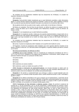 Lunes 13 de marzo de 2006                   DIARIO OFICIAL                          (Tercera Sección)   38


   Se considera que los receptáculos instalados bajo las excepciones de 210-8(a)(2), no cumplen los
requisitos indicados en 210-52(d).
   3) En exteriores.
   Excepción: Está permitido instalar receptáculos que no sean fácilmente accesibles y estén alimentados
desde un circuito derivado especial para equipos de deshielo o fusión de nieve, según establece el Artículo
426, sin protección para las personas mediante interruptor con protección de circuitos por falla a tierra.
   4) Las galerías donde sólo se puede circular a gatas, cuando estén al nivel del piso o inferiores.
    5) Sótanos sin acabados. Para los fines de esta Sección, se definen los sótanos sin acabado como las
partes o zonas del sótano que no estén pensadas como habitaciones, limitadas a zonas de almacén, de
trabajo o similar.
   Excepción 1: Los receptáculos que no estén fácilmente accesibles.
   Excepción 2: Un receptáculo sencillo o doble para dos aparatos electrodomésticos, situado dentro de un
espacio especial para cada aparato electrodoméstico, que en uso normal no se desplace fácilmente de un
lugar a otro y que vaya conectado con un cordón con clavija, según se indica en 400-7(a)(6), 400-7(a)(7) o
400-7(a)(8).
   Se considera que los receptáculos instalados bajo las excepciones de 210-8(a)(5), no cumplen los
requisitos indicados en 210-52(d).
   6) Cocinas. Cuando los receptáculos estén instalados en la superficie del mueble de cocina.
   7) Fregaderos. Cuando los receptáculos estén instalados para servir aparatos eléctricos situados en las
barras y situados a menos de 1,8 m del borde exterior del fregadero o superficie metálica que esté en contacto
con el mismo.
   8) Construcciones flotantes. Ver definición en 553-2.
   b) Edificios que no sean viviendas. Todos los receptáculos en instalaciones monofásicas de 120 V o
127 V y de 15 A y 20 A, instalados en los lugares que se especifican a continuación, deben proteger a las
personas mediante interruptor con protección de falla a tierra:
   1) Cuartos de baño.
   2) Azoteas.
   3) Cocinas
   4) En exteriores con acceso al público
   5) En exteriores, cuando se instalen de acuerdo a 210-63.
   210-9. Circuitos en derivación de autotransformadores. Los circuitos derivados no deben partir de
autotransformadores, a no ser que el circuito tenga un conductor que esté conectado eléctricamente a un
conductor puesto a tierra de la instalación de suministro del autotransformador.
   Excepción 1: Se permite un autotransformador que prolongue o añada un circuito derivado para una
carga sin conexión a un conductor similar de puesta a tierra, cuando transforme de 208 V a 240 V nominales o
de 240 V a 208 V.
    Excepción 2: En edificios industriales en los que se asegure que el mantenimiento y supervisión de las
instalaciones deben hacerse sólo por personas calificadas, se permiten autotransformadores que suministren
energía a cargas en 600 V nominales a partir de sistemas de 480 V y a cargas en 480 V a partir de sistemas
de 600 V nominales, sin la conexión a un conductor similar puesto a tierra.
    210-10. Conductores de fase derivados a sistemas puestos a tierra. Se permite la existencia de
circuitos de c.c. de dos conductores y de c.a. de dos conductores o multiconductores sin conexión a tierra,
derivados de los conductores sin conexión a tierra de circuitos que tengan un conductor neutro puesto a tierra.
Los dispositivos de interrupción de cada circuito derivado, deben tener un polo en cada conductor sin
conexión a tierra. Todos los polos de los distintos dispositivos de desconexión deben poder conmutar
manualmente cuando dichos dispositivos sirvan también como medios de desconexión, tal como se exige en
410-48 para portalámparas conmutados de dos polos; en 410-54(b) para dispositivos de interrupción de
equipo auxiliar de lámparas de descarga; en 422-21(b) para aparatos electrodomésticos; en 424-20 para
sistemas de calefacción eléctrica fijos; en 426-51 para equipos eléctricos de deshielo y fusión de la nieve; en
430-85 para controladores de motores y en 430-103 para motores.
 