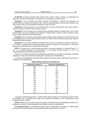 Lunes 13 de marzo de 2006                    DIARIO OFICIAL                                            380


   d) Marcado. El equipo aprobado debe marcarse para indicar la clase, el grupo y la temperatura de
operación o intervalo de temperatura con referencia a una temperatura ambiente de 40 °C.
   Excepción 1: No se requiere que lleven marcada la temperatura o intervalo de temperatura de
funcionamiento los equipos que no generen calor, como las cajas de empalme, tubo (conduit) y herrajes, y los
que produzcan calor con una temperatura máxima no mayor que 100 °C.
    Excepción 2: No se requiere que los luminarios fijos marcados exclusivamente para lugares Clase I,
División 2 o Clase II, División 2, lleven marcado el grupo.
   Excepción 3: No se requiere que los equipos fijos de propósito general en lugares Clase I, que no sean
luminarios fijos, que sean aceptables para utilizarse en lugares Clase I, División 2, lleven marcada la clase,
grupo, división o temperatura de funcionamiento.
   Excepción 4: No se requiere que los equipos fijos herméticos al polvo distintos de los luminarios fijos, que
son aceptables para su uso en lugares Clase II, División 2 y Clase III lleven marcada la clase, grupo, división o
temperatura de funcionamiento.
   Excepción 5: Los equipos eléctricos adecuados para funcionar a temperatura ambiente superiores a
40 °C deben ir marcados con la temperatura ambiente máxima y además con la temperatura o intervalo de
temperatura de funcionamiento a esa temperatura ambiente.
    NOTA 1: El equipo que no esté marcado para indicar una división específica, o marcado “División 1” o
“Div. 1”, se considera adecuado para áreas División 1 y 2. El equipo marcado “División 2” o “Div. 2” se
considera adecuado únicamente para áreas División 2.
    Cuando en el marcado se proporciona la temperatura de operación o intervalo de temperatura, ésta debe
indicarse por medio de los números de identificación, mostrados en la Tabla 500-5(d).
     Los números de identificación marcados sobre las placas de datos de equipo, deben estar de acuerdo con
lo indicado en la Tabla 500-5(d).
                                TABLA 500-5(d).- Números de identificación

                        Temperatura máxima °C                Número de identificación
                                   450                                    T1
                                   300                                    T2
                                   280                                   T2A
                                   260                                   T2B
                                   230                                   T2C
                                   215                                   T2D
                                   200                                    T3
                                   180                                   T3A
                                   165                                   T3B
                                   160                                   T3C
                                   135                                    T4
                                   120                                   T4A
                                   100                                    T5
                                    85                                    T6


   Los equipos aprobados para Clase I y Clase II deben estar marcados con la temperatura máxima segura
de operación, que se determina por medio de la exposición simultánea a las combinaciones de las
condiciones Clase I y Clase II.
   NOTA 2: Debido a que no existe una relación directa y consistente entre las propiedades de explosión y la
temperatura de ignición, ambas propiedades se consideran requisitos independientes.
    e) Temperatura Clase I: La temperatura marcada, según lo especificado en (d) anterior, no debe exceder
la temperatura de ignición del gas o vapor específico que se pueda encontrar en el área.
 