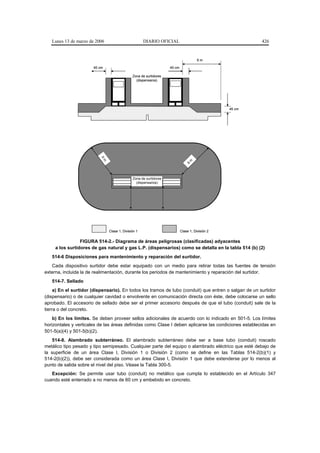 Lunes 13 de marzo de 2006                         DIARIO OFICIAL                                      426


                                                                                      6m

                       45 cm                                       45 cm

                                              Zona de surtidores
                                                (dispensaros)




                                                                                                 45 cm
                          6
                          6m




                                                                                m
                                                                              6
                                              Zona de surtidores
                                                (dispensarios)




                               Clase 1, División 1                         Clase 1, División 2


                 FIGURA 514-2.- Diagrama de áreas peligrosas (clasificadas) adyacentes
     a los surtidores de gas natural y gas L.P. (dispensarios) como se detalla en la tabla 514 (b) (2)
   514-6 Disposiciones para mantenimiento y reparación del surtidor.
   Cada dispositivo surtidor debe estar equipado con un medio para retirar todas las fuentes de tensión
externa, incluida la de realimentación, durante los periodos de mantenimiento y reparación del surtidor.
   514-7. Sellado
     a) En el surtidor (dispensario). En todos los tramos de tubo (conduit) que entren o salgan de un surtidor
(dispensario) o de cualquier cavidad o envolvente en comunicación directa con éste, debe colocarse un sello
aprobado. El accesorio de sellado debe ser el primer accesorio después de que el tubo (conduit) sale de la
tierra o del concreto.
    b) En los límites. Se deben proveer sellos adicionales de acuerdo con lo indicado en 501-5. Los límites
horizontales y verticales de las áreas definidas como Clase I deben aplicarse las condiciones establecidas en
501-5(a)(4) y 501-5(b)(2).
    514-8. Alambrado subterráneo. El alambrado subterráneo debe ser a base tubo (conduit) roscado
metálico tipo pesado y tipo semipesado. Cualquier parte del equipo o alambrado eléctrico que esté debajo de
la superficie de un área Clase I, División 1 o División 2 (como se define en las Tablas 514-2(b)(1) y
514-2(b)(2)), debe ser considerada como un área Clase I, División 1 que debe extenderse por lo menos al
punto de salida sobre el nivel del piso. Véase la Tabla 300-5.
   Excepción: Se permite usar tubo (conduit) no metálico que cumpla lo establecido en el Artículo 347
cuando esté enterrado a no menos de 60 cm y embebido en concreto.
 