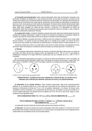 Lunes 13 de marzo de 2006                                DIARIO OFICIAL                                                    528


    a) Conectado permanentemente. Cada conjunto alimentador debe estar directamente conectado a las
terminales del tablero de distribución o a los conductores dentro de una caja de conexión y provista con los
medios para impedir que se transmitan tensiones mecánicas a las terminales. La capacidad de conducción de
corriente de los conductores entre cada caja de conexiones y las terminales de cada tablero de distribución,
debe ser por lo menos igual que la del cordón de alimentación. El extremo del ensamble del alimentador debe
estar equipado con una clavija del tipo descrito en 552-44(c). Cuando el cordón pase a través de paredes o
pisos, debe estar protegido por medio de tubo (conduit) y monitores o su equivalente. El cordón de
alimentación debe tener provisiones permanentes para la protección contra la corrosión y daño mecánico
mientras la unidad esté circulando (en tránsito).
    b) Longitud del cordón. La longitud utilizable y expuesta del cordón debe estar medida desde el punto de
entrada del remolque estacionado o desde el frente de la entrada de cavidad de la superficie (clavija de
conexión para base de motor) hasta el frente de la clavija en el extremo de la alimentación.
   La longitud utilizable y expuesta del cordón, medida al punto de entrada en el exterior de la unidad, debe
ser de al menos 7 m cuando el punto de entrada esté en un costado de la unidad, o al menos de 8,5 m
cuando el punto de entrada a la unidad esté en la parte trasera. La longitud máxima no debe exceder de 11 m.
    Cuando la entrada del cordón a la unidad está a más de 90 cm sobre el terreno, las longitudes mínimas
del cordón deben aumentarse en la distancia vertical de la altura de entrada del cordón, más de 90 cm.
    c) Clavijas
   1) Los remolques estacionados alambrados de acuerdo a la Sección 552-46(a), deben tener una clavija de
dos polos, tres hilos, del tipo con puesta a tierra, de capacidad de 30 A, 125 V o 127 V, que tengan la
configuración mostrada en la Figura 552-44(c), prevista para uso con unidades de 30 A y 125 V o 127 V
nominales.
   2) Los remolques estacionados que tengan un conjunto de fuente de alimentación a 50 A nominales, tal
como lo permite la Sección 552-43(b), deben tener una clavija de conexión de tres polos y cuatro hilos, con
polo a tierra, a 125/250 V 127/220 V y 50 A nominales, conforme a la configuración de la figura 552-44(c).
          G                                  G
                                                                                   G                                G

                          30 A                                                                    50 A
                                                                              Y           X                  X             Y
              W                          W
                                                                                   W                               W

127/220 V, 30 A, 3 polos, 2 hilos, tipo de puesta a tierra              127/220 V, 50 A, 3 polos, 4 hilos, tipo de puesta a tierra

         FIGURA 552-44(c).- Configuraciones para receptáculos y clavijas del tipo con puesta a tierra
           utilizados para cordones para alimentar vehículos de recreo y sus estacionamientos


    d) Etiquetado en la entrada eléctrica. Cada remolque estacionado debe tener permanentemente
adherida, en su superficie externa en o cerca del punto de entrada de los cordones de alimentación, una
etiqueta de dimensiones mínimas de 7,5 cm x 4,5 cm grabada, estampada, o en relieve, de bronce, acero
inoxidable o aluminio anodizado o con recubrimiento de aluminio puro, de espesor no-menor que 0,508 mm o
de otro material adecuado (por ejemplo lámina de plástico de 0,127 mm) en la cual se lea, según el caso,
cualquiera de las siguientes notas:
         “ESTA CONEXION ES PARA 110 - 127 V, c.a., 60 Hz, CON UN SUMINISTRO DE _______ A”
                                                                   o
              “ESTA CONEXION ES PARA 127/220 V o 120/240 V, c.a., 3 POLOS, 4 HILOS, 60 Hz,
                                 CON SUMINISTRO DE ________ A”
    La capacidad nominal correcta de corriente debe indicarse en el espacio en blanco.
    e) Ubicación. El punto de entrada del conjunto alimentador debe estar ubicado a no más de 4,5 m de la
parte trasera del remolque en el lado izquierdo o en la parte trasera a la izquierda del centro longitudinal de la
unidad dentro de una distancia de 45 cm de la pared exterior.
 