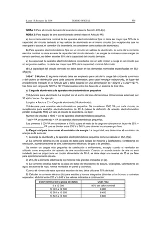 Lunes 13 de marzo de 2006                   DIARIO OFICIAL                                            530



   NOTA 1: Para el circuito derivado de lavandería véase la Sección 220-4(c).
   NOTA 2: Para equipo de aire acondicionado central véase el Artículo 440.
   a) La corriente eléctrica nominal de los aparatos electrodomésticos fijos no debe ser mayor que 50% de la
capacidad del circuito derivado si hay salidas de alumbrado en el mismo circuito (los receptáculos que no
sean para la cocina, el comedor y la lavandería, se consideran como salidas de alumbrado).
    b) Para aparatos electrodomésticos fijos en un circuito sin salidas de alumbrado, la suma de la corriente
eléctrica nominal no debe exceder la capacidad del circuito derivado. Las cargas de motores u otras cargas de
servicio continuo, no deben exceder 80% de la capacidad del circuito derivado.
    c) La capacidad de aparatos electrodomésticos conectados con un solo cordón y clavija en un circuito que
no tenga otras salidas, no debe ser mayor que 80% de la capacidad nominal del circuito.
   d) La capacidad del circuito derivado se debe basar en las demandas nominales especificadas en 552-
47(b)(5).
    552-47. Cálculos. El siguiente método debe ser empleado para calcular la carga del cordón de suministro
y del tablero de distribución para cada conjunto alimentador, para cada remolque estacionado, en lugar del
procedimiento indicado en el Artículo 220 y debe basarse en una alimentación de 120/240 V o 220Y/127 V,
tres hilos, con cargas de 120 V o 127 V balanceadas entre dos fases de un sistema de tres hilos.
   a) Carga de alumbrado y de aparatos electrodomésticos pequeños
   Volt-Ampere para alumbrado: La longitud por el ancho del piso del remolque (dimensiones externas), por
33 VA/m2 veces. Por ejemplo:
   Longitud x Ancho x 33 = Carga de alumbrado (VA alumbrado).
    Volt-Ampere para aparatos electrodomésticos pequeños: Se consideran 1500 VA por cada circuito de
receptáculos para aparatos electrodomésticos de 20 A (véase la definición de aparato electrodoméstico
portátil) incluyendo 1500 VA para el circuito de lavandería, es decir:
   Número de circuitos x 1500 = VA de aparatos electrodomésticos pequeños.
   Total = VA de alumbrado + VA de aparatos electrodomésticos pequeños.
   Los primeros 3 000 VA se consideran a 100% y para el resto de la carga se considera un factor de 35% =
________________ VA que se dividen entre 220 V o 240 V para obtener los amperes por fase.
   b) Carga total para determinar el suministro de energía. La carga total para determinar el suministro de
energía es la suma de:
   1) La carga de alumbrado y de aparatos electrodomésticos pequeños como se calcula en 552-47(a).
    2) La corriente eléctrica (A) de la placa de datos para cargas de motores y calefactores (ventiladores de
extracción, acondicionadores de aire, calentadores eléctricos, de gas o de petróleo).
     Se omiten las cargas más pequeñas de calefacción o enfriamiento, excepto cuando el ventilador es
utilizado como evaporador del aparato de aire acondicionado. Cuando un acondicionador de aire no está
instalado pero se proporciona un cordón alimentador de 50 A, se debe dejar una reserva de 15 A por fase
para acondicionamiento de aire.
   3) 25% de la corriente eléctrica de los motores más grandes indicados en (2).
   4) La corriente eléctrica total de la placa de datos de trituradores de basura, lavavajillas, calentadores de
agua, secadoras de ropa, hornos montados en pared y cocinetas.
   Cuando el número de estos aparatos excedan de tres, debe utilizarse 75% del total.
   5) Calcular la corriente eléctrica (A) para estufas y hornos integrados (distintas a los hornos y cocinetas
separados) al dividir entre 220 V o 240 V los valores indicados a continuación:
               Valor nominal en la placa de datos                       Usar (VA)
                             0 a 10 000                           80% del valor nominal
                          10 001 a 12 500                                8 000
                          12 501 a 13 500                                8 400
                          13 501 a 14 500                                8 800
 