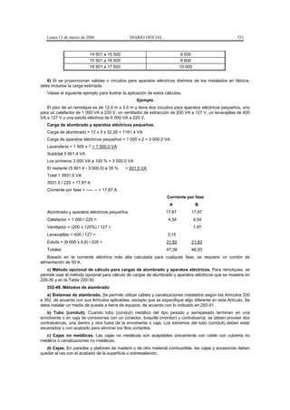 Lunes 13 de marzo de 2006                   DIARIO OFICIAL                                          531



                          14 501 a 15 500                                   9 200
                          15 501 a 16 500                                   9 600
                          16 501 a 17 500                                  10 000


   6) Si se proporcionan salidas o circuitos para aparatos eléctricos distintos de los instalados en fábrica,
debe incluirse la carga estimada.
   Véase el siguiente ejemplo para ilustrar la aplicación de estos cálculos.
                                                   Ejemplo
   El piso de un remolque es de 12,0 m x 3,0 m y tiene dos circuitos para aparatos eléctricos pequeños, uno
para un calefactor de 1 000 VA a 220 V, un ventilador de extracción de 200 VA a 127 V, un lavavajillas de 400
VA a 127 V y una estufa eléctrica de 6 000 VA a 220 V.
   Carga de alumbrado y aparatos eléctricos pequeños.
   Carga de alumbrado = 12 x 3 x 32,26 = 1161,4 VA
   Carga de aparatos eléctricos pequeños = 1 500 x 2 = 3 000,0 VA
   Lavandería = 1 500 x 1 = 1 500,0 VA
   Subtotal 5 661,4 VA
   Los primeros 3 000 VA a 100 % = 3 000,0 VA
   El restante (5 661,4 - 3 000,0) a 35 %    = 931,5 VA
   Total 1 3931,5 VA
   3931,5 / 220 = 17,87 A
   Corriente por fase = ----- -- = 17,87 A
                                                                    Corriente por fase
                                                                     A              B
   Alumbrado y aparatos eléctricos pequeños                        17,87        17,87
   Calefactor = 1 000 / 220 =                                       4,54            4,54
   Ventilador = (200 x 125%) / 127 =                                                1,97
   Lavavajillas = 400 / 127 =                                       3,15
   Estufa = (6 000 x 0,8) / 220 =                                  21,82        21,82
   Totales                                                         47,38        46,20
    Basado en la corriente eléctrica más alta calculada para cualquier fase, se requiere un cordón de
alimentación de 50 A.
   c) Método opcional de cálculo para cargas de alumbrado y aparatos eléctricos. Para remolques, se
permite usar el método opcional para cálculo de cargas de alumbrado y aparatos eléctricos que se muestra en
220-30 y en la Tabla 220-30.
   552-48. Métodos de alambrado
   a) Sistemas de alambrado. Se permite utilizar cables y canalizaciones instalados según los Artículos 330
a 352, de acuerdo con sus Artículos aplicables, excepto que se especifique algo diferente en este Artículo. Se
debe instalar un medio de puesta a tierra de equipos, de acuerdo con lo indicado en 250-91.
   b) Tubo (conduit). Cuando tubo (conduit) metálico del tipo pesado y semipesado terminen en una
envolvente o en caja de conexiones con un conector, boquilla (monitor) y contratuerca, se deben proveer dos
contratuercas, una dentro y otra fuera de la envolvente o caja. Los extremos del tubo (conduit) deben estar
escariados o con acabado para eliminar los filos cortantes.
   c) Cajas no metálicas. Las cajas no metálicas son aceptables únicamente con cable con cubierta no
metálica o canalizaciones no metálicas.
   d) Cajas. En paredes y plafones de madera o de otro material combustible, las cajas y accesorios deben
quedar al ras con el acabado de la superficie o sobresaliendo.
 