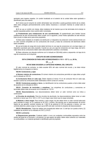 Lunes 13 de marzo de 2006                    DIARIO OFICIAL                                             533


aprobado para lugares mojados. Un cordón localizado en el exterior de la unidad debe estar aprobado e
identificado para uso exterior.
    3) A menos que el conjunto de cordón alimentador sea removible o pueda guardarse dentro de la unidad,
debe estar protegido permanentemente contra daños mecánicos o corrosión mientras la unidad está en
tránsito.
   4) Si se usa un cordón con clavija, debe instalarse de tal manera que en las terminales de la clavija no
queden expuestas partes vivas cuando estén conectadas.
    p) Prealambrado para instalaciones de aire acondicionado. El prealambrado para facilitar futuras
instalaciones de aire acondicionado debe cumplir con lo siguiente y otras Partes aplicables de este Artículo.
Este circuito no debe servir para otros propósitos.
   1) Debe estar instalado en el tablero de distribución un dispositivo de protección contra sobrecorriente con
un valor nominal compatible con los conductores del circuito y todas las conexiones del alambrado deben
estar completas.
    2) Las terminales de carga del circuito deben terminar en una caja de conexiones con una tapa ciega o un
dispositivo aprobado para este propósito. Cuando se use una caja de conexiones con tapa ciega, las termi-
nales libres de los conductores deben estar adecuadamente cubiertas o encintadas.
    3) Debe colocarse una etiqueta conforme con lo indicado en 552-44(b) sobre o adyacente a la tapa de la
caja de conexiones con la leyenda:
                                   CIRCUITO DE AIRE ACONDICIONADO
             ESTA CONEXION ES PARA AIRE ACONDICIONADO A 110 V - 127 V, c.a., 60 Hz,
                                                   DE ____ A
                    NO SE DEBE EXCEDER LA CAPACIDAD NOMINAL DEL CIRCUITO
    El valor nominal de corriente, no debe exceder 80% del valor nominal del circuito, y se debe indicar
legiblemente en el espacio en blanco.
   552-49. Conductores y cajas
   a) Número máximo de conductores. El número máximo de conductores permitido en cajas debe cumplir
con lo indicado en 370-16.
   b) Conductores libres en cada caja. Deben dejarse al menos 15 cm de conductor libre en cada caja,
excepto cuando los conductores estén destinados a tener curvas sin uniones.
   552-50. Conductores puestos a tierra. La identificación de los conductores puestos a tierra debe estar
de acuerdo con lo indicado en 200-6.
    552-51. Conexión de terminales y empalmes. Los empalmes de conductores y conexiones en
terminales deben estar de acuerdo con lo indicado en 110-14.
   552-52. Desconectadores. Los desconectadores deben tener un valor nominal como se indica a
continuación:
   a) Circuitos de alumbrado. Para los circuitos de alumbrado, los desconectadores deben tener un valor
nominal no menor que 10 A, 120 V o 127 V y en ningún caso menor que la carga conectada.
    b) Motores u otras cargas. Para motores u otras cargas, los des deben tener un valor nominal adecuado
para controlar la carga, en A o potencia en W (CP), o ambos. (Se permite que un desconectador de acción
rápida de uso general, controle motores de 1 492 W de potencia (2 CP) de potencia o menos, con una
corriente eléctrica a plena carga no mayor que el 80% del valor nominal en amperes del desconectador).
    552-53. Receptáculos. Todas las salidas para receptáculos deben ser: (1) del tipo con puesta a tierra, (2)
instalados de acuerdo con lo indicado en 210-7 y 210-21.
   552-54. Luminarios
    a) Disposiciones generales. Cualquier plafón o muro con acabados combustibles expuestos entre las
aristas del dosel de un luminario, o el soporte y la caja registro de salida, deben estar cubiertos con materiales
no combustibles o un material aprobado e identificado para tal propósito.
 