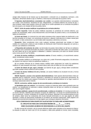 Lunes 13 de marzo de 2006                   DIARIO OFICIAL                                           535


arreglo debe hacerse de tal manera que la desconexión o remoción de un receptáculo, luminario u otro
dispositivo, alimentado desde la caja no interfiera o interrumpa la continuidad de la puesta a tierra.
     f) Aparatos electrodomésticos conectados con cordón. Los aparatos electrodomésticos conectados
con cordón, como lavadoras, secadoras de ropa, refrigeradores, y el sistema eléctrico de cocinas de gas, u
otros similares, deben estar puestos a tierra por medio de un cordón aprobado con un conductor de puesta a
tierra de equipo y con clavijas del tipo de puesta a tierra.
   552-57. Unión de partes metálicas no-portadoras de corriente eléctrica
    a) Unión requerida. Todas las partes metálicas expuestas no portadoras de corriente eléctrica, que
puedan ser energizadas, deben unirse efectivamente a las terminales de puesta a tierra o a la envolvente del
tablero de distribución.
    b) Unión del chasis. Un conductor de unión debe conectarse entre cualquier tablero de distribución y una
terminal accesible en el chasis. Los conductores de aluminio o aleación cobre-aluminio no deben usarse para
la conexión, si tales conductores o sus terminales están expuestos a elementos corrosivos.
    Excepción: Debe considerarse como unido cualquier remolque estacionado que emplee un chasis
metálico de construcción unitaria al cual el tablero de distribución esté firmemente asegurado con pernos y
tuercas o por soldadura o remachado.
   c) Requisitos del conductor de unión. Las terminales de puesta a tierra deben ser del tipo sin soldadura
y aprobados como conectores terminales de presión y adecuados al tamaño del cable usado. Los conductores
de unión deben ser de un solo alambre o cableados o, aislados o desnudos y de cobre con tamaño nominal
como mínimo de 8,37 mm2 (8 AWG).
   d) Unión de techos metálicos y recubrimiento exterior. El techo metálico y el recubrimiento exterior
deben considerarse unidos cuando:
   1) Los paneles metálicos se sobrepongan uno sobre otro y estén firmemente asegurados a la estructura
de madera o de metal por medio de sujetadores metálicos; y
   2) Los paneles inferiores de la cubierta exterior metálica estén asegurados por medio de sujetadores
metálicos en cada travesaño del chasis, o el panel inferior esté unido al chasis con una cinta metálica.
   e) Unión de tubería de gas, agua y drenaje. Las tuberías de gas, agua y drenaje deben considerarse
que están puestas a tierra cuando se unen al chasis.
   f) Unión de ductos metálicos de aire y hornos. Los ductos metálicos de circulación de aire y hornos
deben estar unidos.
   552-58. Sujeción y acceso a los aparatos electrodomésticos. Cada aparato electrodoméstico debe ser
accesible para su inspección, servicio, reparación y reemplazo sin remover la construcción permanente. Se
deben proveer los medios para asegurar firmemente los aparatos electrodomésticos en su lugar cuando el
remolque estacionado esté en tránsito.
   552-59. Luminarios, salidas, equipo de aire acondicionado y similares en el exterior
   a) Aprobados para uso exterior. Los luminarios y equipo en exteriores deben estar aprobados para uso
exterior. Los receptáculos en exteriores o salidas necesarias deben ser del tipo con cubierta con empaques
para uso en lugares mojados.
    b) Equipo calefactor, equipo de aire acondicionado, o ambos en el exterior. Un remolque provisto con
un circuito derivado, diseñado para energizar al equipo de calefacción o al equipo de acondicionamiento de
aire de exteriores, o ambos, localizados en el exterior del remolque, diferentes a los acondicionadores de aire
de ventana, deben tener los conductores del circuito derivado terminados en una caja registro de salida
aprobada o medios de desconexión localizados en el exterior del remolque estacionado. Debe pegarse una
etiqueta permanentemente adyacente a la caja registro que contenga la siguiente información:
      ESTA CONEXION ES PARA EQUIPO DE CALEFACCION Y/O PARA AIRE ACONDICIONADO
             EL CIRCUITO ES PARA UNA CAPACIDAD MAXIMA DE ____ A, _____ V, 60 Hz,
              DEBE COLOCARSE UN MEDIO DE DESCONEXION A LA VISTA DEL EQUIPO
   El valor nominal de la tensión y de la corriente eléctricas deben estar indicadas en los espacios en blanco.
La etiqueta no debe ser menor que 0,5 mm de espesor y debe estar grabada en bronce, acero inoxidable,
 