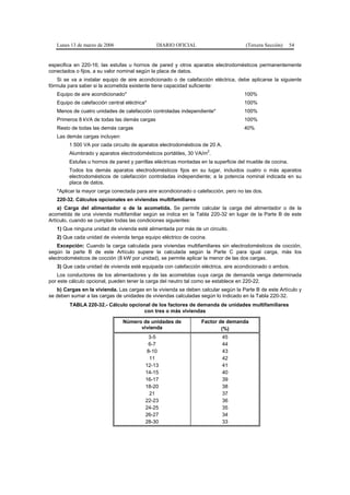 Lunes 13 de marzo de 2006                  DIARIO OFICIAL                         (Tercera Sección)     54


especifica en 220-16; las estufas u hornos de pared y otros aparatos electrodomésticos permanentemente
conectados o fijos, a su valor nominal según la placa de datos.
    Si se va a instalar equipo de aire acondicionado o de calefacción eléctrica, debe aplicarse la siguiente
fórmula para saber si la acometida existente tiene capacidad suficiente:
   Equipo de aire acondicionado*                                                    100%
   Equipo de calefacción central eléctrica*                                         100%
   Menos de cuatro unidades de calefacción controladas independiente*               100%
   Primeros 8 kVA de todas las demás cargas                                         100%
   Resto de todas las demás cargas                                                  40%
   Las demás cargas incluyen:
        1 500 VA por cada circuito de aparatos electrodomésticos de 20 A.
                                                                      2
        Alumbrado y aparatos electrodomésticos portátiles, 30 VA/m .
        Estufas u hornos de pared y parrillas eléctricas montadas en la superficie del mueble de cocina.
        Todos los demás aparatos electrodomésticos fijos en su lugar, incluidos cuatro o más aparatos
        electrodomésticos de calefacción controladas independiente; a la potencia nominal indicada en su
        placa de datos.
   *Aplicar la mayor carga conectada para aire acondicionado o calefacción, pero no las dos.
   220-32. Cálculos opcionales en viviendas multifamiliares
    a) Carga del alimentador o de la acometida. Se permite calcular la carga del alimentador o de la
acometida de una vivienda multifamiliar según se indica en la Tabla 220-32 en lugar de la Parte B de este
Artículo, cuando se cumplan todas las condiciones siguientes:
   1) Que ninguna unidad de vivienda esté alimentada por más de un circuito.
   2) Que cada unidad de vivienda tenga equipo eléctrico de cocina.
    Excepción: Cuando la carga calculada para viviendas multifamiliares sin electrodomésticos de cocción,
según la parte B de este Artículo supere la calculada según la Parte C para igual carga, más los
electrodomésticos de cocción (8 kW por unidad), se permite aplicar la menor de las dos cargas.
   3) Que cada unidad de vivienda esté equipada con calefacción eléctrica, aire acondicionado o ambos.
    Los conductores de los alimentadores y de las acometidas cuya carga de demanda venga determinada
por este cálculo opcional, pueden tener la carga del neutro tal como se establece en 220-22.
   b) Cargas en la vivienda. Las cargas en la vivienda se deben calcular según la Parte B de este Artículo y
se deben sumar a las cargas de unidades de viviendas calculadas según lo indicado en la Tabla 220-32.
        TABLA 220-32.- Cálculo opcional de los factores de demanda de unidades multifamiliares
                                     con tres o más viviendas

                                Número de unidades de             Factor de demanda
                                      vivienda                            (%)
                                            3-5                             45
                                            6-7                             44
                                           8-10                             43
                                            11                              42
                                          12-13                             41
                                          14-15                             40
                                          16-17                             39
                                          18-20                             38
                                            21                              37
                                          22-23                             36
                                          24-25                             35
                                          26-27                             34
                                          28-30                             33
 