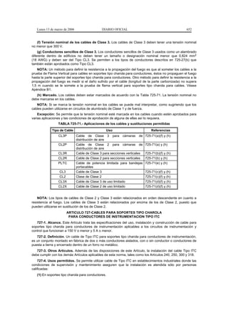 Lunes 13 de marzo de 2006                   DIARIO OFICIAL                                            652


   (f) Tensión nominal de los cables de Clase 3. Los cables de Clase 3 deben tener una tensión nominal
no menor que 300 V.
    (g) Conductores sencillos de Clase 3. Los conductores sencillos de Clase 3 usados como un alambrado
diferente dentro de edificios no deben tener un tamaño o designación nominal menor que 0,824 mm2
(18 AWG) y deben ser del Tipo CL3. Se permiten a los tipos de conductores descritos en 725-27(b) que
también están aprobados como Tipo CL3.
   NOTA: Un método para definir la resistencia a la propagación del fuego es que al someter los cables a la
prueba de Flama Vertical para cables en soportes tipo charola para conductores, éstos no propaguen el fuego
hasta la parte superior del soportes tipo charola para conductores. Otro método para definir la resistencia a la
propagación del fuego es medir si el daño sufrido por el cable (longitud de la parte carbonizada) no supera
1,5 m cuando se le somete a la prueba de flama vertical para soportes tipo charola para cables. Véase
Apéndice B1.
   (h) Marcado. Los cables deben estar marcados de acuerdo con la Tabla 725-71. La tensión nominal no
debe marcarse en los cables.
   NOTA: Si se marca la tensión nominal en los cables se puede mal interpretar, como sugiriendo que los
cables pueden utilizarse en circuitos de alumbrado de Clase 1 y de fuerza.
    Excepción: Se permite que la tensión nominal esté marcada en los cables cuando estén aprobados para
varias aplicaciones y las condiciones de aprobación de alguna de ellas así lo requiera.
                  TABLA 725-71.- Aplicaciones de los cables y sustituciones permitidas
             Tipo de Cable                          Uso                          Referencias
                  CL3P         Cable de Clase 3 para cámaras de              725-71(a)(f) y (h)
                               distribución de aire
                  CL2P         Cable de Clase 2 para cámaras de              725-71(a) y (h)
                               distribución de aire
                  CL3R         Cable de Clase 3 para secciones verticales    725-71(b)(f) y (h)
                  CL2R         Cable de Clase 2 para secciones verticales    725-71(b) y (h)
                  PLTC         Cable de potencia limitada para bandejas      725-71(e) y (h)
                               portacables
                  CL3          Cable de Clase 3                              725-71(c)(f) y (h)
                  CL2          Clase de Clase 2                              725-71(c)(f) y (h)
                  CL3X         Cable de Clase 3 de uso limitado              725-71(d)(f) y (h)
                  CL2X         Cable de Clase 2 de uso limitado              725-71(d)(f) y (h)


    NOTA: Los tipos de cables de Clase 2 y Clase 3 están relacionados en orden descendente en cuanto a
resistencia al fuego. Los cables de Clase 3 están relacionados por encima de los de Clase 2, puesto que
pueden utilizarse en sustitución de los de Clase 2.
                       ARTICULO 727-CABLES PARA SOPORTES TIPO CHAROLA
                        PARA CONDUCTORES DE INSTRUMENTACION TIPO ITC
   727-1. Alcance. Este Artículo trata las especificaciones del uso, instalación y construcción de cable para
soportes tipo charola para conductores de instrumentación aplicables a los circuitos de instrumentación y
control que funcionan a 150 V o menor y 5 A o menor.
   727-2. Definición. Un cable de Tipo ITC para soportes tipo charola para conductores de instrumentación,
es un conjunto montado en fábrica de dos o más conductores aislados, con o sin conductor o conductores de
puesta a tierra y encerrado dentro de un forro no metálico.
   727-3. Otros Artículos. Además de las disposiciones de este Artículo, la instalación del cable Tipo ITC
debe cumplir con los demás Artículos aplicables de esta norma, tales como los Artículos 240, 250, 300 y 318.
    727-4. Usos permitidos. Se permite utilizar cable de Tipo ITC en establecimientos industriales donde las
condiciones de supervisión y mantenimiento aseguren que la instalación es atendida sólo por personas
calificadas:
   (1) En soportes tipo charola para conductores.
 