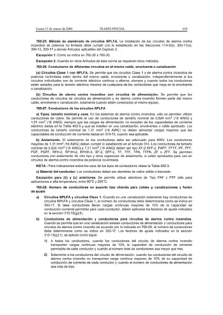 Lunes 13 de marzo de 2006                  DIARIO OFICIAL                                          656


    760-25. Método de alambrado de circuitos NPLFA. La instalación de los circuitos de alarma contra
incendios de potencia no limitada debe cumplir con lo establecido en las Secciones 110-3(b), 300-11(a),
300-15, 300-17 y demás Artículos aplicables del Capítulo 3.
   Excepción 1: Como se indica en 760-26 a 760-30.
   Excepción 2: Cuando en otros Artículos de esta norma se requieran otros métodos.
   760-26. Conductores de diferentes circuitos en el mismo cable, envolvente o canalización
    (a) Circuitos Clase 1 con NPLFA. Se permite que los circuitos Clase 1 y de alarma contra incendios de
potencia no-limitada estén dentro del mismo cable, envolvente o canalización, independientemente si los
circuitos individuales son de corriente eléctrica continua o alterna, siempre y cuando todos los conductores
estén aislados para la tensión eléctrica máxima de cualquiera de los conductores que haya en la envolvente
o canalización.
   (b) Circuitos de alarma contra incendios con circuitos de alimentación. Se permite que los
conductores de circuitos de circuitos de alimentación y de alarma contra incendio formen parte del mismo
cable, envolvente o canalización, solamente cuando estén conectados al mismo equipo.
   760-27. Conductores de los circuitos NPLFA
    a) Tipos, tamaño nominal y usos. En los sistemas de alarma contra incendios, sólo se permiten utilizar
conductores de cobre. Se permite el uso de conductores de tamaño nominal de 0,824 mm2 (18 AWG) y
1,31 mm2 (16 AWG), siempre que las cargas de alimentación no excedan de las capacidades de corriente
eléctrica dadas en la Tabla 402-5 y que se instalen en una canalización, envolventes o cable aprobado. Los
conductores de tamaño nominal de 1,31 mm2 (16 AWG) no deben alimentar cargas mayores que las
capacidades de conducción de corriente dadas en 310-15, cuando sea aplicable.
    b) Aislamiento. El aislamiento de los conductores debe ser adecuado para 600V. Los conductores
mayores de 1,31 mm2 (16 AWG) deben cumplir lo establecido en el Artículo 310. Los conductores de tamaño
nominal de 0,824 mm2 (18 AWG) y 1,31 mm2 (16 AWG) deben ser tipo KF-2 KFF-2, PAFF, PTFF, PF, PFF,
PGF, PGFF, RFH-2, RFHH-2, RFHH-3, SF-2, SFF-2, TF, TFF, TFN, TFFN, ZF o ZFF. Se permiten
conductores con aislamiento de otro tipo y otros espesores de aislamiento, si están aprobados para uso en
circuitos de alarma contra incendios de potencia no-limitada.
   NOTA - Para indicaciones sobre los usos de los tipos de conductores véase la Tabla 402-3.
   c) Material del conductor. Los conductores deben ser alambres de cobre sólido o trenzado.
    Excepción para (b) y (c) anteriores: Se permite utilizar alambres de Tipo PAF y PTF sólo para
aplicaciones a alta temperatura, entre 90°C y 250°C.
   760-28. Número de conductores en soporte tipo charola para cables y canalizaciones y factor
de ajuste
   a)   Circuitos NPLFA y circuitos Clase 1. Cuando en una canalización solamente hay conductores de
        circuitos NPLFA y circuitos Clase 1, el número de conductores debe determinarse como se indica en
        300-17. Si tales conductores llevan cargas continuas mayores de 10% de la capacidad de
        conducción corriente permitida para cada conductor, deben aplicarse los factores de ajuste indicados
        en la sección 310-15(g)(1).
   b)   Conductores de alimentación y conductores para circuitos de alarma contra incendios.
        Cuando se permita que en una canalización existan conductores de alimentación y conductores para
        circuitos de alarma contra incendio de acuerdo con lo indicado en 760-26, el número de conductores
        debe determinarse como se indica en 300-17. Los factores de ajuste indicados en la sección
        310-15(g)(1), se aplican como sigue:
        1)   A todos los conductores, cuando los conductores del circuito de alarma contra incendio
             transporten cargas continuas mayores de 10% la capacidad de conducción de corriente
             permisible de cada conductor y cuando el número total de conductores sea mayor que tres.
        2)   Solamente a los conductores del circuito de alimentación, cuando los conductores del circuito de
             alarma contra incendio no transportan carga continua mayores de 10% de su capacidad de
             conducción de corriente de cada conductor y cuando el número de conductores de alimentación
             sea más de tres.
 