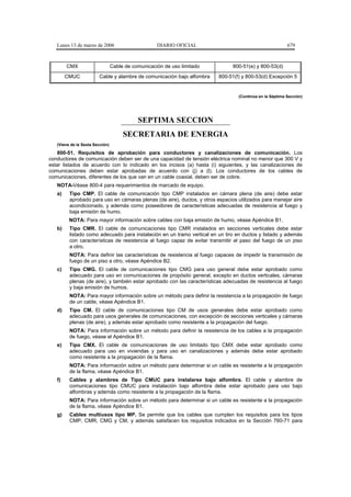 Lunes 13 de marzo de 2006                        DIARIO OFICIAL                                       679



        CMX                      Cable de comunicación de uso limitado         800-51(e) y 800-53(d)
        CMUC            Cable y alambre de comunicación bajo alfombra    800-51(f) y 800-53(d) Excepción 5


                                                                                 (Continúa en la Séptima Sección)




                                            SEPTIMA SECCION
                                      SECRETARIA DE ENERGIA
   (Viene de la Sexta Sección)

   800-51. Requisitos de aprobación para conductores y canalizaciones de comunicación. Los
conductores de comunicación deben ser de una capacidad de tensión eléctrica nominal no menor que 300 V y
estar listados de acuerdo con lo indicado en los incisos (a) hasta (i) siguientes, y las canalizaciones de
comunicaciones deben estar aprobadas de acuerdo con (j) a (l). Los conductores de los cables de
comunicaciones, diferentes de los que van en un cable coaxial, deben ser de cobre.
   NOTA-Véase 800-4 para requerimientos de marcado de equipo.
   a)    Tipo CMP. El cable de comunicación tipo CMP instalados en cámara plena (de aire) debe estar
         aprobado para uso en cámaras plenas (de aire), ductos, y otros espacios utilizados para manejar aire
         acondicionado, y además como poseedores de características adecuadas de resistencia al fuego y
         baja emisión de humo.
         NOTA: Para mayor información sobre cables con baja emisión de humo, véase Apéndice B1.
   b)    Tipo CMR. El cable de comunicaciones tipo CMR instalados en secciones verticales debe estar
         listado como adecuado para instalación en un tramo vertical en un tiro en ductos y listado y además
         con características de resistencia al fuego capaz de evitar transmitir el paso del fuego de un piso
         a otro.
         NOTA: Para definir las características de resistencia al fuego capaces de impedir la transmisión de
         fuego de un piso a otro, véase Apéndice B2.
   c)    Tipo CMG. El cable de comunicaciones tipo CMG para uso general debe estar aprobado como
         adecuado para uso en comunicaciones de propósito general, excepto en ductos verticales, cámaras
         plenas (de aire), y también estar aprobado con las características adecuadas de resistencia al fuego
         y baja emisión de humos.
         NOTA: Para mayor información sobre un método para definir la resistencia a la propagación de fuego
         de un cable, véase Apéndice B1.
   d)    Tipo CM. El cable de comunicaciones tipo CM de usos generales debe estar aprobado como
         adecuado para usos generales de comunicaciones, con excepción de secciones verticales y cámaras
         plenas (de aire), y además estar aprobado como resistente a la propagación del fuego.
         NOTA: Para información sobre un método para definir la resistencia de los cables a la propagación
         de fuego, véase el Apéndice B1.
   e)    Tipo CMX. El cable de comunicaciones de uso limitado tipo CMX debe estar aprobado como
         adecuado para uso en viviendas y para uso en canalizaciones y además debe estar aprobado
         como resistente a la propagación de la flama.
         NOTA: Para información sobre un método para determinar si un cable es resistente a la propagación
         de la flama, véase Apéndice B1.
   f)    Cables y alambres de Tipo CMUC para instalarse bajo alfombra. El cable y alambre de
         comunicaciones tipo CMUC para instalación bajo alfombra debe estar aprobado para uso bajo
         alfombras y además como resistente a la propagación de la flama.
         NOTA: Para información sobre un método para determinar si un cable es resistente a la propagación
         de la flama, véase Apéndice B1.
   g)    Cables multiusos tipo MP. Se permite que los cables que cumplen los requisitos para los tipos
         CMP, CMR, CMG y CM, y además satisfacen los requisitos indicados en la Sección 760-71 para
 