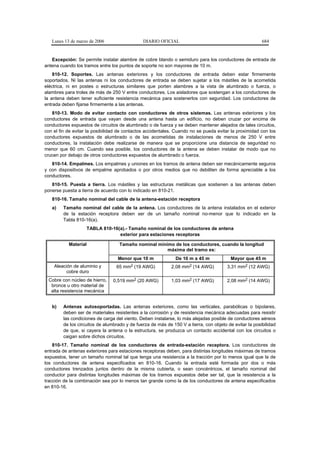 Lunes 13 de marzo de 2006                    DIARIO OFICIAL                                          684


   Excepción: Se permite instalar alambre de cobre blando o semiduro para los conductores de entrada de
antena cuando los tramos entre los puntos de soporte no son mayores de 10 m.
    810-12. Soportes. Las antenas exteriores y los conductores de entrada deben estar firmemente
soportados. Ni las antenas ni los conductores de entrada se deben sujetar a los mástiles de la acometida
eléctrica, ni en postes o estructuras similares que porten alambres a la vista de alumbrado o fuerza, o
alambres para troles de más de 250 V entre conductores. Los aisladores que sostengan a los conductores de
la antena deben tener suficiente resistencia mecánica para sostenerlos con seguridad. Los conductores de
entrada deben fijarse firmemente a las antenas.
   810-13. Modo de evitar contacto con conductores de otros sistemas. Las antenas exteriores y los
conductores de entrada que vayan desde una antena hasta un edificio, no deben cruzar por encima de
conductores expuestos de circuitos de alumbrado o de fuerza y se deben mantener alejados de tales circuitos,
con el fin de evitar la posibilidad de contactos accidentales. Cuando no se pueda evitar la proximidad con los
conductores expuestos de alumbrado o de las acometidas de instalaciones de menos de 250 V entre
conductores, la instalación debe realizarse de manera que se proporcione una distancia de seguridad no
menor que 60 cm. Cuando sea posible, los conductores de la antena se deben instalar de modo que no
crucen por debajo de otros conductores expuestos de alumbrado o fuerza.
   810-14. Empalmes. Los empalmes y uniones en los tramos de antena deben ser mecánicamente seguros
y con dispositivos de empalme aprobados o por otros medios que no debiliten de forma apreciable a los
conductores.
   810-15. Puesta a tierra. Los mástiles y las estructuras metálicas que sostienen a las antenas deben
ponerse puesta a tierra de acuerdo con lo indicado en 810-21.
   810-16. Tamaño nominal del cable de la antena-estación receptora
   a)   Tamaño nominal del cable de la antena. Los conductores de la antena instalados en el exterior
        de la estación receptora deben ser de un tamaño nominal no-menor que lo indicado en la
        Tabla 810-16(a).
                    TABLA 810-16(a).- Tamaño nominal de los conductores de antena
                                 exterior para estaciones receptoras

           Material                Tamaño nominal mínimo de los conductores, cuando la longitud
                                                      máxima del tramo es:
                                  Menor que 10 m              De 10 m a 45 m             Mayor que 45 m
    Aleación de aluminio y        65   mm2   (19 AWG)       2,08   mm2   (14 AWG)      3,31 mm2 (12 AWG)
          cobre duro
 Cobre con núcleo de hierro,    0,519 mm2 (20 AWG)          1,03 mm2 (17 AWG)          2,08 mm2 (14 AWG)
  bronce u otro material de
  alta resistencia mecánica


   b)   Antenas autosoportadas. Las antenas exteriores, como las verticales, parabólicas o bipolares,
        deben ser de materiales resistentes a la corrosión y de resistencia mecánica adecuadas para resistir
        las condiciones de carga del viento. Deben instalarse, lo más alejadas posible de conductores aéreos
        de los circuitos de alumbrado y de fuerza de más de 150 V a tierra, con objeto de evitar la posibilidad
        de que, si cayera la antena o la estructura, se produzca un contacto accidental con los circuitos o
        caigan sobre dichos circuitos.
    810-17. Tamaño nominal de los conductores de entrada-estación receptora. Los conductores de
entrada de antenas exteriores para estaciones receptoras deben, para distintas longitudes máximas de tramos
expuestos, tener un tamaño nominal tal que tenga una resistencia a la tracción por lo menos igual que la de
los conductores de antena especificados en 810-16. Cuando la entrada esté formada por dos o más
conductores trenzados juntos dentro de la misma cubierta, o sean concéntricos, el tamaño nominal del
conductor para distintas longitudes máximas de los tramos expuestos debe ser tal, que la resistencia a la
tracción de la combinación sea por lo menos tan grande como la de los conductores de antena especificados
en 810-16.
 