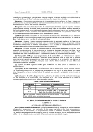 Lunes 13 de marzo de 2006                  DIARIO OFICIAL                                           707


canalización, compartimiento, caja de salida, caja de empalme o herrajes similares, con conductores de
alumbrado, de fuerza, de Clase 1, o de alarmas contra incendios de potencia no limitada.
   Excepción 1: Cuando todos los conductores de circuitos de alumbrado, de fuerza, de Clase 1, de alarmas
contra incendios de potencia no limitada estén separados de todos los cables de comunicaciones de banda
ancha alimentados por una red, mediante una barrera.
    Excepción 2: Los conductores de circuitos de fuerza en cajas de salida, cajas de empalme herrajes o
compartimientos similares, en donde estos conductores tienen como fin únicamente alimentar equipos de
distribución de sistemas de comunicaciones de banda ancha alimentados por una red. Los conductores de los
circuitos de fuerza se deben encaminar dentro del encerramiento manteniendo una separación mínima 6 mm
de los cables de comunicaciones de banda ancha alimentados por una red.
   (2) Otras aplicaciones. Los cables de comunicaciones de banda ancha alimentados por una red deben
estar separados 50 mm como mínimo de los conductores de cualquier circuito de alumbrado, de fuerza, de
Clase 1 y de alarma contra incendios de potencia no limitada.
    Excepción 1: Cuando: (1) todos los conductores de circuitos de alumbrado, de fuerza, de Clase 1 o de
alarma contra incendios de potencia no limitada están en una canalización o en cables con pantalla metálica,
revestimiento metálico, forro no metálico, cables Tipo AC o UF; o (2) todos los cables de comunicaciones de
banda ancha alimentados por una red están dentro de una canalización.
    Excepción 2: Cuando los cables de comunicaciones de banda ancha alimentados por una red están
separados permanentemente de los conductores de circuitos de alumbrado, de fuerza, de Clase 1 y de
alarmas contra incendios de potencia no limitada mediante un material no conductor, continuo y fijo
firmemente, tales como tubos de porcelana o tubería flexible, además del aislamiento sobre el alambre.
    (b) Propagación del fuego o de los productos de la combustión. Las instalaciones en espacios
huecos, ductos verticales y de ventilación o extracción del aire, se deben hacer de modo que no aumente
sustancialmente la posible propagación del fuego o de los productos de la combustión. Las aberturas al
rededor de penetraciones de paredes, tabiques, pisos o techos falsos resistentes al fuego deben usar
cortafuegos con métodos aprobados.
   (c) Equipos en otros espacios usados para ventilación. Se debe aplicar lo establecido en la
Sección 300-22(c).
    (d) Soportes de los conductores. Las canalizaciones sólo se deben utilizar para el propósito previsto.
Los cables de comunicaciones de banda ancha alimentados por una red no se deben sujetar con grapas,
cinta, ni asegurarlos por otros medios al exterior de cualquier tubo (conduit) o canalización como un medio de
soporte.
   (e) Sustituciones de cables. Se permiten las sustituciones de cables de banda ancha alimentados por
una red, resumidos en la Tabla 830-58. Todos los cables de la Tabla 830-58, diferentes de los cables de
banda ancha alimentados por una red, deben ser cables coaxiales.
                                 TABLA 830-58.- Sustituciones de cables

                   Tipo de cable              Sustituciones de cables permitidas
                        BM                                BMR
                        BLP                         MPP, CMP, CL3P
                                        MPP, CMP, CL3P, MPR, CMR, CL3R, MPG, MP,
                        BLX
                                         CMG, CM, CL3, CMX, CL3X, BMR, BM, BLP
                 NOTA: Los cables sustitutos multiuso de comunicaciones y Clase 3 de la
                 Tabla 830-58, deben ser cables tipo coaxial


                       4.9 INSTALACIONES DESTINADAS AL SERVICIO PUBLICO
                                                CAPITULO 9
                               ARTICULO 920-DISPOSICIONES GENERALES
    920-1 Objetivo y campo de aplicación. El objetivo de este Capítulo es establecer las disposiciones para
salvaguardar a las personas y sus propiedades de los riesgos originados por las líneas y subestaciones
eléctricas, líneas de comunicación y su equipo asociado, durante su instalación, operación y mantenimiento.
Los requisitos aquí establecidos se consideran como los mínimos necesarios para la seguridad y salud del
público y de los trabajadores, la preservación del ambiente y el uso racional de la energía.
 