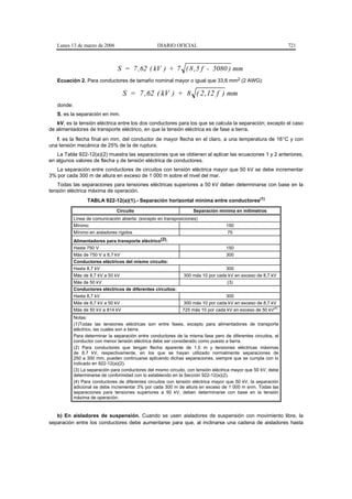 Lunes 13 de marzo de 2006                        DIARIO OFICIAL                                               721



                                 S = 7 ,62 ( kV ) + 7 ( 8 ,5 f - 5080 ) mm
   Ecuación 2. Para conductores de tamaño nominal mayor o igual que 33,6 mm2 (2 AWG):

                                   S = 7 ,62 ( kV ) + 8 ( 2,12 f ) mm
   donde:
   S, es la separación en mm.
   kV, es la tensión eléctrica entre los dos conductores para los que se calcula la separación; excepto el caso
de alimentadores de transporte eléctrico, en que la tensión eléctrica es de fase a tierra.
   f, es la flecha final en mm, del conductor de mayor flecha en el claro, a una temperatura de 16°C y con
una tensión mecánica de 25% de la de ruptura.
   La Tabla 922-12(a)(2) muestra las separaciones que se obtienen al aplicar las ecuaciones 1 y 2 anteriores,
en algunos valores de flecha y de tensión eléctrica de conductores.
   La separación entre conductores de circuitos con tensión eléctrica mayor que 50 kV se debe incrementar
3% por cada 300 m de altura en exceso de 1 000 m sobre el nivel del mar.
   Todas las separaciones para tensiones eléctricas superiores a 50 kV deben determinarse con base en la
tensión eléctrica máxima de operación.
                  TABLA 922-12(a)(1).- Separación horizontal mínima entre conductores(1)
                                Circuito                             Separación mínima en milímetros
            Línea de comunicación abierta: (excepto en transposiciones)
            Mínimo                                                                  150
            Mínimo en aisladores rígidos                                             75
            Alimentadores para transporte eléctrico(2):
            Hasta 750 V                                                             150
            Más de 750 V a 8,7 kV                                                   300
            Conductores eléctricos del mismo circuito:
            Hasta 8,7 kV                                                           300
            Más de 8,7 kV a 50 kV                               300 más 10 por cada kV en exceso de 8,7 kV
            Más de 50 kV                                                           (3)
            Conductores eléctricos de diferentes circuitos:
            Hasta 8,7 kV                                                           300
            Más de 8,7 kV a 50 kV                               300 más 10 por cada kV en exceso de 8,7 kV
                                                                                                         (4)
            Más de 50 kV a 814 kV                               725 más 10 por cada kV en exceso de 50 kV
            Notas:
            (1)Todas las tensiones eléctricas son entre fases, excepto para alimentadores de transporte
            eléctrico, las cuales son a tierra.
            Para determinar la separación entre conductores de la misma fase pero de diferentes circuitos, el
            conductor con menor tensión eléctrica debe ser considerado como puesto a tierra.
            (2) Para conductores que tengan flecha aparente de 1,0 m y tensiones eléctricas máximas
            de 8,7 kV, respectivamente, en los que se hayan utilizado normalmente separaciones de
            250 a 300 mm, pueden continuarse aplicando dichas separaciones, siempre que se cumpla con lo
            indicado en 922-12(a)(2).
            (3) La separación para conductores del mismo circuito, con tensión eléctrica mayor que 50 kV, debe
            determinarse de conformidad con lo establecido en la Sección 922-12(a)(2).
            (4) Para conductores de diferentes circuitos con tensión eléctrica mayor que 50 kV, la separación
            adicional se debe incrementar 3% por cada 300 m de altura en exceso de 1 000 m snm. Todas las
            separaciones para tensiones superiores a 50 kV, deben determinarse con base en la tensión
            máxima de operación.


   b) En aisladores de suspensión. Cuando se usen aisladores de suspensión con movimiento libre, la
separación entre los conductores debe aumentarse para que, al inclinarse una cadena de aisladores hasta
 