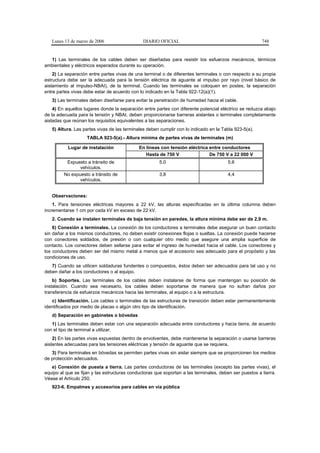 Lunes 13 de marzo de 2006                   DIARIO OFICIAL                                           748


  1) Las terminales de los cables deben ser diseñadas para resistir los esfuerzos mecánicos, térmicos
ambientales y eléctricos esperados durante su operación.
    2) La separación entre partes vivas de una terminal o de diferentes terminales o con respecto a su propia
estructura debe ser la adecuada para la tensión eléctrica de aguante al impulso por rayo (nivel básico de
aislamiento al impulso-NBAI), de la terminal. Cuando las terminales se coloquen en postes, la separación
entre partes vivas debe estar de acuerdo con lo indicado en la Tabla 922-12(a)(1).
   3) Las terminales deben diseñarse para evitar la penetración de humedad hacia el cable.
    4) En aquellos lugares donde la separación entre partes con diferente potencial eléctrico se reduzca abajo
de la adecuada para la tensión y NBAI, deben proporcionarse barreras aislantes o terminales completamente
aisladas que reúnan los requisitos equivalentes a las separaciones.
   5) Altura. Las partes vivas de las terminales deben cumplir con lo indicado en la Tabla 923-5(a).
                    TABLA 923-5(a).- Altura mínima de partes vivas de terminales (m)

           Lugar de instalación              En líneas con tensión eléctrica entre conductores
                                                Hasta de 750 V               De 750 V a 22 000 V
          Expuesto a tránsito de                       5,0                              5,6
                vehículos.
         No expuesto a tránsito de                     3,8                              4,4
                vehículos.


   Observaciones:
    1. Para tensiones eléctricas mayores a 22 kV, las alturas especificadas en la última columna deben
incrementarse 1 cm por cada kV en exceso de 22 kV.
   2. Cuando se instalen terminales de baja tensión en paredes, la altura mínima debe ser de 2,9 m.
    6) Conexión a terminales. La conexión de los conductores a terminales debe asegurar un buen contacto
sin dañar a los mismos conductores, no deben existir conexiones flojas o sueltas. La conexión puede hacerse
con conectores soldados, de presión o con cualquier otro medio que asegure una amplia superficie de
contacto. Los conectores deben sellarse para evitar el ingreso de humedad hacia el cable. Los conectores y
los conductores deben ser del mismo metal a menos que el accesorio sea adecuado para el propósito y las
condiciones de uso.
   7) Cuando se utilicen soldaduras fundentes o compuestos, éstos deben ser adecuados para tal uso y no
deben dañar a los conductores o al equipo.
    b) Soportes. Las terminales de los cables deben instalarse de forma que mantengan su posición de
instalación. Cuando sea necesario, los cables deben soportarse de manera que no sufran daños por
transferencia de esfuerzos mecánicos hacia las terminales, al equipo o a la estructura.
   c) Identificación. Los cables o terminales de las estructuras de transición deben estar permanentemente
identificados por medio de placas o algún otro tipo de identificación.
   d) Separación en gabinetes o bóvedas
   1) Las terminales deben estar con una separación adecuada entre conductores y hacia tierra, de acuerdo
con el tipo de terminal a utilizar.
    2) En las partes vivas expuestas dentro de envolventes, debe mantenerse la separación o usarse barreras
aislantes adecuadas para las tensiones eléctricas y tensión de aguante que se requiera.
   3) Para terminales en bóvedas se permiten partes vivas sin aislar siempre que se proporcionen los medios
de protección adecuados.
   e) Conexión de puesta a tierra. Las partes conductoras de las terminales (excepto las partes vivas), el
equipo al que se fijan y las estructuras conductoras que soportan a las terminales, deben ser puestos a tierra.
Véase el Artículo 250.
   923-6. Empalmes y accesorios para cables en vía pública
 