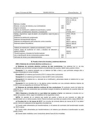 Lunes 13 de marzo de 2006                   DIARIO OFICIAL                         (Tercera Sección)   91



                                                                                   675-11(c), 675-12,
                                                                                   675-13, 675-14
                                                                                   675-15
Marinas y muelles                                                                  555-7
Motores, circuitos de motores y sus controladores                          430
Organos tubulares                                                          650
Tableros de distribución y tableros de alumbrado y control                         384-20
Luminarios, portalámparas, lámparas y receptáculos                                 410-58, 210-7
Salidas, dispositivos, cajas de jalado y de empalmes, cajas de paso y              370-4, 370-25
accesorios                                                                         780-3
Sistemas de distribución programada                                                504-50
Sistemas intrínsecamente seguros                                                   760-6
Sistemas de señalización para protección contra incendios                          690-41, 690-42,
Sistemas solares fotovoltaicos                                                     690-43, 690-45
                                                                                   690-44
Tableros de distribución y tableros de alumbrado y control                         384-3(d), 384-11
Teatros, áreas de audiencia en cines y estudios de televisión y
lugares similares                                                                  520-81
Transformadores y bóvedas de transformadores                                       450-10
Uso e identificación de los conductores puestos a tierra                   200
Vehículos de recreo y sus estacionamientos                                 551


                           B. Puesta a tierra de circuitos y sistemas eléctricos
   250-3. Sistemas de corriente eléctrica continua (c.c.)
   a) Sistemas de corriente eléctrica continua de dos conductores. Los sistemas de c.c. de dos
conductores que suministren energía al sistema de alambrado de usuarios, deben estar puestos a tierra.
   Excepción 1: Un sistema equipado con un detector de falla a tierra y que suministre energía sólo a
equipos industriales en zonas limitadas.
   Excepción 2: Un sistema que funcione a 50 V o menos entre conductores.
   Excepción 3: Un sistema que funcione a más de 300 V entre conductores.
   Excepción 4: Un sistema de c.c. derivado de un rectificador y alimentado desde un sistema de c.a. que
cumpla con 250-5.
   Excepción 5: Los circuitos de c.c. de alarma contra incendios con una corriente eléctrica máxima de
0,030 A, como se especifica en el Artículo 760 Parte C.
    b) Sistemas de corriente eléctrica continua de tres conductores. El conductor neutro de todos los
sistemas de c.c. de tres conductores que suministren energía al sistema de alambrado de usuarios debe ser
puesto a tierra.
   250-5. Sistemas y circuitos de c.a. que deben ser puestos a tierra. Los sistemas y circuitos de c.a.
deben ser puestos a tierra, según se establece en los siguientes incisos:
    NOTA: Un ejemplo de un sistema que puede ser puesto a tierra es una conexión en delta del
transformador con un vértice puesto a tierra. Para el conductor que debe ser puesto a tierra, véase 250-25 (4).
   a) Circuitos de c.a. de menos de 50 V. Los circuitos de corriente alterna de menos de 50 V se deben
poner a tierra en cualquiera de las siguientes circunstancias:
   1) Cuando estén alimentados por transformadores, si el sistema de suministro del transformador excede
de 150 V a tierra.
   2) Cuando estén alimentados por transformadores si el sistema que alimenta al transformador no está
puesto a tierra.
   3) Cuando estén instalados como conductores aéreos fuera de los inmuebles.
 