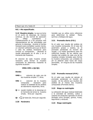 Mayor que 18 y hasta 24 6 3 4 
N.E. = No especificado. 
7 
3.19 Muestra simple.- La que se tome 
en el punto de descarga, de manera 
contínua, en día normal de operación 
que refleje cuantitativa y 
cualitativamente el o los procesos más 
representativos de las actividades que 
generan la descarga, durante el tiempo 
necesario para completar cuando menos, 
un volumen suficiente para que se lleven 
a cabo los análisis necesarios para 
conocer su composición, aforando el 
caudal descargado en el sitio y en el 
momento del muestreo. 
El volumen de cada muestra simple 
necesario para formar la muestra 
compuesta se determina mediante la 
siguiente ecuación: 
VMSi=VMC x (Qi/Qt) 
Donde: 
VMSi = volumen de cada una de 
las muestras simples “i”, litros. 
VMC = volumen de la muestra 
compuesta necesario para 
realizar la totalidad de los análisis 
de laboratorio requeridos, litros. 
Qi = caudal medido en la descarga en 
el momento de tomar la muestra 
simple, litros por segundo. 
Qt =Σ Qi hasta Qn, litros por segundo 
3.20 Parámetro 
Variable que se utiliza como referencia 
para determinar la calidad física, 
química y biológica del agua. 
3.21 Promedio diario (P.D.) 
Es el valor que resulta del análisis de 
una muestra compuesta. En el caso del 
parámetro grasas y aceites, es el 
promedio ponderado en función del 
caudal, y la media geométrica para los 
coliformes fecales, de los valores que 
resulten del análisis de cada una de las 
muestras simples tomadas para formar 
la muestra compuesta. Las unidades de 
pH no deberán estar fuera del rango 
permisible, en ninguna de las muestras 
simples. 
3.22 Promedio mensual (P.M.) 
Es el valor que resulte de calcular el 
promedio ponderado en función del 
caudal, de los valores que resulten del 
análisis de al menos dos muestras 
compuestas (Promedio diario). 
3.23 Riego no restringido 
La utilización del agua residual destinada 
a la actividad de siembra, cultivo y 
cosecha de productos agrícolas en forma 
ilimitada como forrajes, granos, frutas, 
legumbres y verduras. 
3.24 Riego restringido 
 