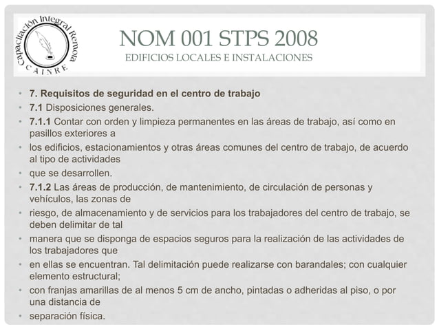 NORMA Oficial Mexicana NOM-001-STPS-2008, Edificios, locales