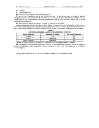 48 (Primera Sección) DIARIO OFICIAL Viernes 8 de septiembre de 2000
b) sólidos;
c) gases y vapores.
V.2. Ingrediente activo de los agentes extinguidores.
El nombre del ingrediente activo, su fórmula química y el porcentaje que contenga de agente
extinguidor, estarán incluidos en los documentos que amparen la garantía del producto y de los equipos
contra incendio que los contengan, indicando además los tipos de fuego en contra de los que se puede
utilizar satisfactoriamente.
V.3. Cantidades de agente extinguidor a utilizar en los centros de trabajo.
La cantidad de agente extinguidor que se debe utilizar en la protección contra incendio, se determina en
proporción directa al grado de riesgo en que se clasifique el centro de trabajo. El contenido mínimo de su
masa o volumen aceptable por concentración en un solo equipo o contenedor, se establece en la tabla V.
TABLA V
CONTENIDO MINIMO DE AGENTE EXTINGUIDOR POR EXTINTOR
GRUPO GENERICO UNIDADES DE MEDIDA CAPACIDAD NOMINAL
Líquidos Litros 9.5
Sólidos Kilogramos 4.5
Gases y vapores* Kilogramos 2.2
*NOTA: Se pesan cuando se encuentran comprimidos o licuados y sometidos a presión.
V.4. Los agentes extinguidores gaseosos o vapores se renovarán en el momento en que se realice la
prueba hidrostática al recipiente que los contiene o cuando su masa haya disminuido más de un 10% de
su peso original.
ESTA NORMA INCLUYE LA ACLARACION PUBLICADA EN EL DOF 02/ENERO/2001.
 