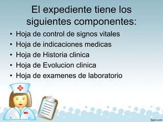 El expediente tiene los
siguientes componentes:
• Hoja de control de signos vitales
• Hoja de indicaciones medicas
• Hoja de Historia clinica
• Hoja de Evolucion clinica
• Hoja de examenes de laboratorio
 