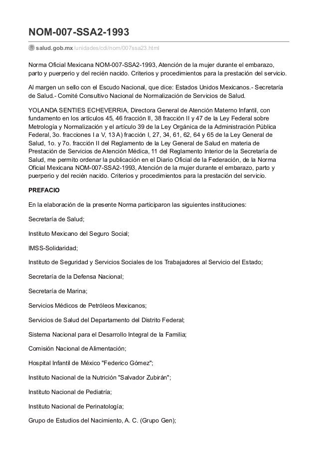 Nom 007 Ssa2 1993 Para La Atención De La Mujer Embarazada