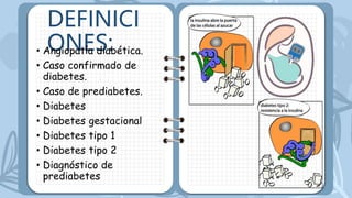 DEFINICI
ONES:
• Angiopatía diabética.
• Caso confirmado de
diabetes.
• Caso de prediabetes.
• Diabetes
• Diabetes gestacional
• Diabetes tipo 1
• Diabetes tipo 2
• Diagnóstico de
prediabetes
 