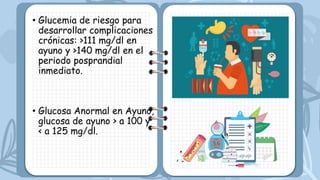 • Glucemia de riesgo para
desarrollar complicaciones
crónicas: >111 mg/dl en
ayuno y >140 mg/dl en el
periodo posprandial
inmediato.
• Glucosa Anormal en Ayuno,
glucosa de ayuno > a 100 y
< a 125 mg/dl.
 