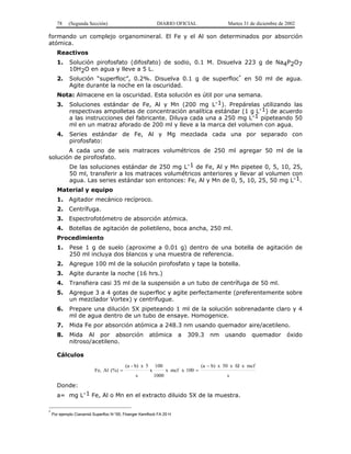 78 (Segunda Sección) DIARIO OFICIAL Martes 31 de diciembre de 2002 
formando un complejo organomineral. El Fe y el Al son determinados por absorción 
atómica. 
Reactivos 
1. Solución pirofosfato (difosfato) de sodio, 0.1 M. Disuelva 223 g de Na4P2O7 
10H2O en agua y lleve a 5 L. 
2. Solución “superfloc”, 0.2%. Disuelva 0.1 g de superfloc* en 50 ml de agua. 
Agite durante la noche en la oscuridad. 
Nota: Almacene en la oscuridad. Esta solución es útil por una semana. 
3. Soluciones estándar de Fe, Al y Mn (200 mg L-1). Prepárelas utilizando las 
respectivas ampolletas de concentración analítica estándar (1 g L-1) de acuerdo 
a las instrucciones del fabricante. Diluya cada una a 250 mg L-1 pipeteando 50 
ml en un matraz aforado de 200 ml y lleve a la marca del volumen con agua. 
4. Series estándar de Fe, Al y Mg mezclada cada una por separado con 
pirofosfato: 
A cada uno de seis matraces volumétricos de 250 ml agregar 50 ml de la 
solución de pirofosfato. 
De las soluciones estándar de 250 mg L-1 de Fe, Al y Mn pipetee 0, 5, 10, 25, 
50 ml, transferir a los matraces volumétricos anteriores y llevar al volumen con 
agua. Las series estándar son entonces: Fe, Al y Mn de 0, 5, 10, 25, 50 mg L-1. 
Material y equipo 
1. Agitador mecánico recíproco. 
2. Centrífuga. 
3. Espectrofotómetro de absorción atómica. 
4. Botellas de agitación de polietileno, boca ancha, 250 ml. 
Procedimiento 
1. Pese 1 g de suelo (aproxime a 0.01 g) dentro de una botella de agitación de 
250 ml incluya dos blancos y una muestra de referencia. 
2. Agregue 100 ml de la solución pirofosfato y tape la botella. 
3. Agite durante la noche (16 hrs.) 
4. Transfiera casi 35 ml de la suspensión a un tubo de centrífuga de 50 ml. 
5. Agregue 3 a 4 gotas de superfloc y agite perfectamente (preferentemente sobre 
un mezclador Vortex) y centrifugue. 
6. Prepare una dilución 5X pipeteando 1 ml de la solución sobrenadante claro y 4 
ml de agua dentro de un tubo de ensaye. Homogenice. 
7. Mida Fe por absorción atómica a 248.3 nm usando quemador aire/acetileno. 
8. Mida Al por absorción atómica a 309.3 nm usando quemador óxido 
nitroso/acetileno. 
Cálculos 
(a b) x 50 x fd x mcf 
s 
x mcf x 100 
100 
x 
1000 
(a - b) x 5 
s 
Fe, Al (%) 
− 
= = 
Donde: 
a= mg L-1 Fe, Al o Mn en el extracto diluido 5X de la muestra. 
* 
Por ejemplo Cianamid Superfloc N-100; Floerger Kemflock FA 20 H 
 