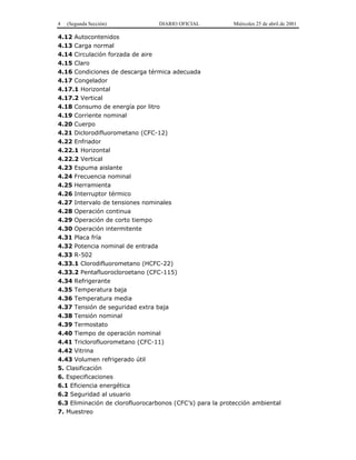 4 (Segunda Sección) DIARIO OFICIAL Miércoles 25 de abril de 2001
4.12 Autocontenidos
4.13 Carga normal
4.14 Circulación forzada de aire
4.15 Claro
4.16 Condiciones de descarga térmica adecuada
4.17 Congelador
4.17.1 Horizontal
4.17.2 Vertical
4.18 Consumo de energía por litro
4.19 Corriente nominal
4.20 Cuerpo
4.21 Diclorodifluorometano (CFC-12)
4.22 Enfriador
4.22.1 Horizontal
4.22.2 Vertical
4.23 Espuma aislante
4.24 Frecuencia nominal
4.25 Herramienta
4.26 Interruptor térmico
4.27 Intervalo de tensiones nominales
4.28 Operación continua
4.29 Operación de corto tiempo
4.30 Operación intermitente
4.31 Placa fría
4.32 Potencia nominal de entrada
4.33 R-502
4.33.1 Clorodifluorometano (HCFC-22)
4.33.2 Pentafluorocloroetano (CFC-115)
4.34 Refrigerante
4.35 Temperatura baja
4.36 Temperatura media
4.37 Tensión de seguridad extra baja
4.38 Tensión nominal
4.39 Termostato
4.40 Tiempo de operación nominal
4.41 Triclorofluorometano (CFC-11)
4.42 Vitrina
4.43 Volumen refrigerado útil
5. Clasificación
6. Especificaciones
6.1 Eficiencia energética
6.2 Seguridad al usuario
6.3 Eliminación de clorofluorocarbonos (CFC’s) para la protección ambiental
7. Muestreo
 
